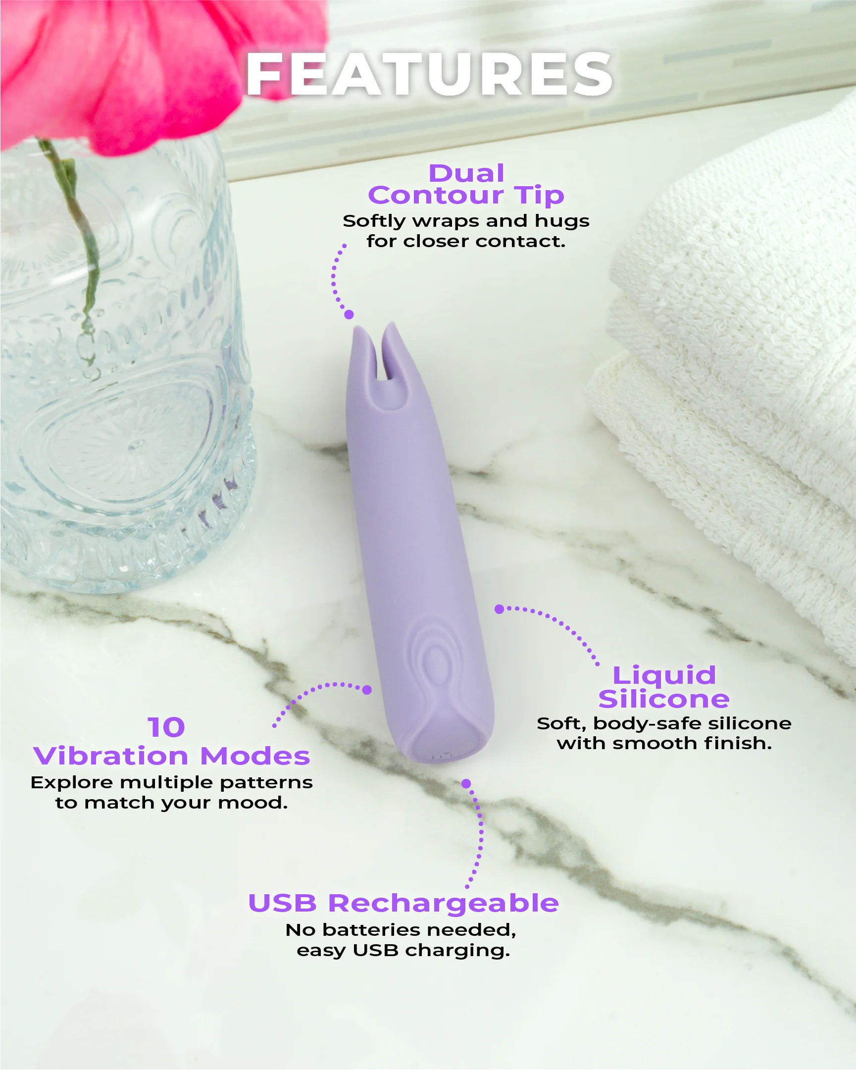Blush & Bloom Petunia pastel purple dual-tip vibrator features including liquid silicone, 10 vibration modes, USB rechargeable design