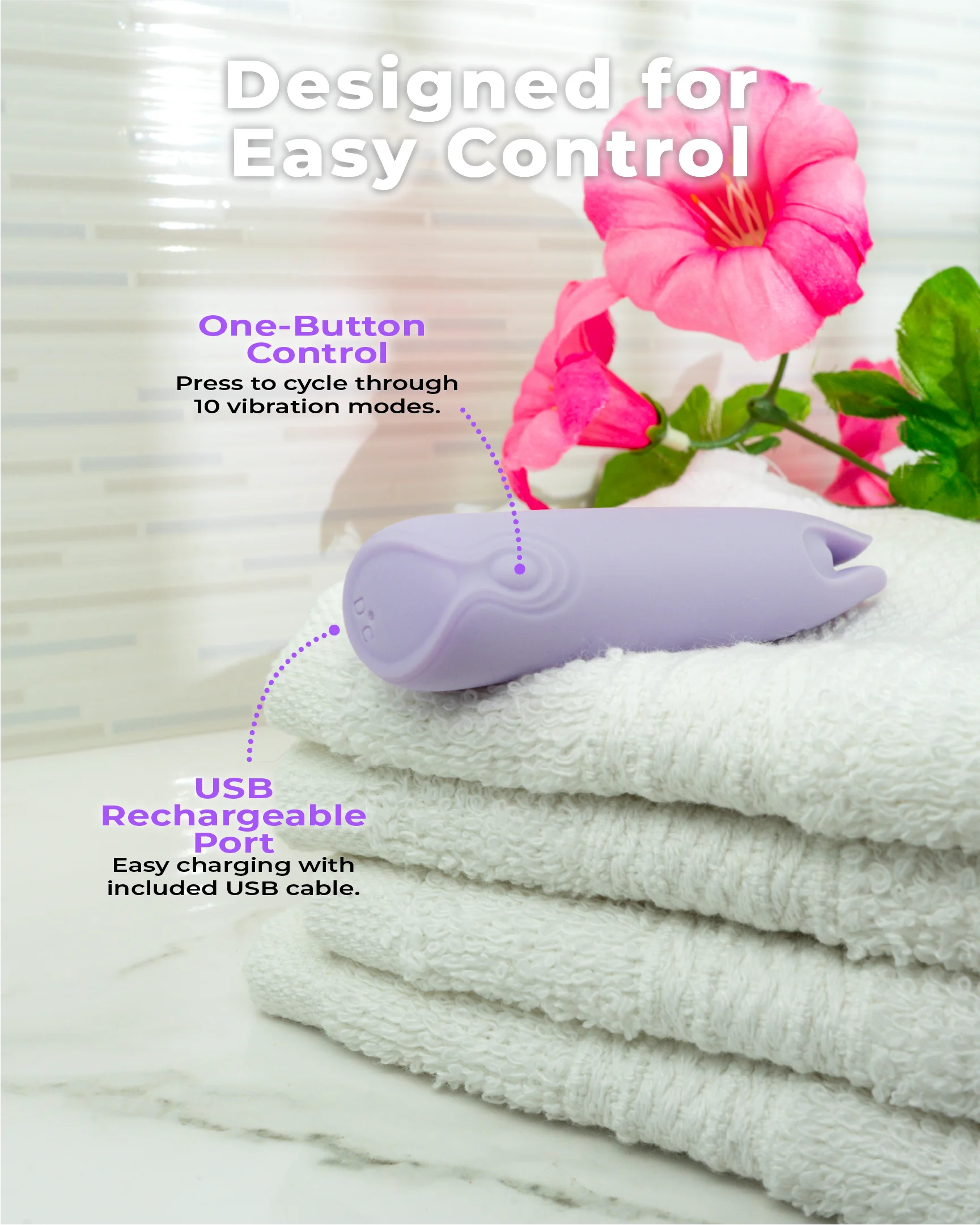 Pastel purple Petunia dual-tip vibrator showing one-button control and USB rechargeable waterproof design for easy use