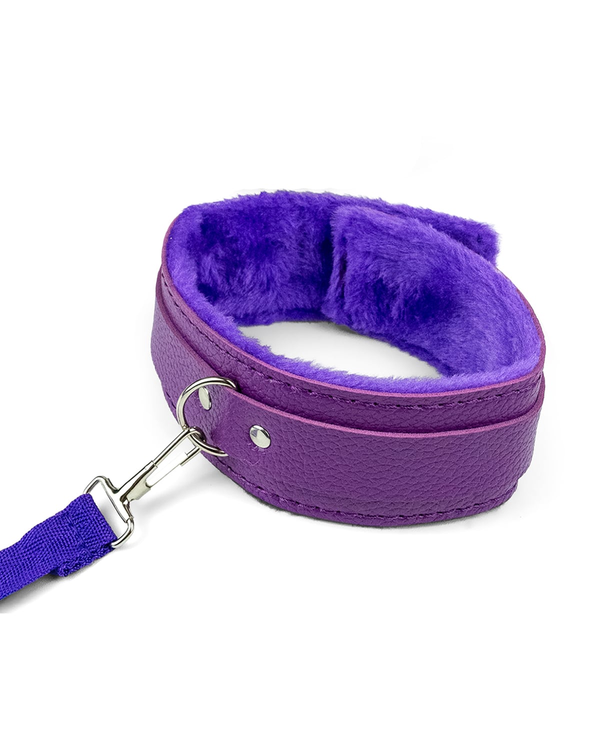 Cosmic purple fur-lined BDSM collar showing soft lining and sturdy leash attachment hardware