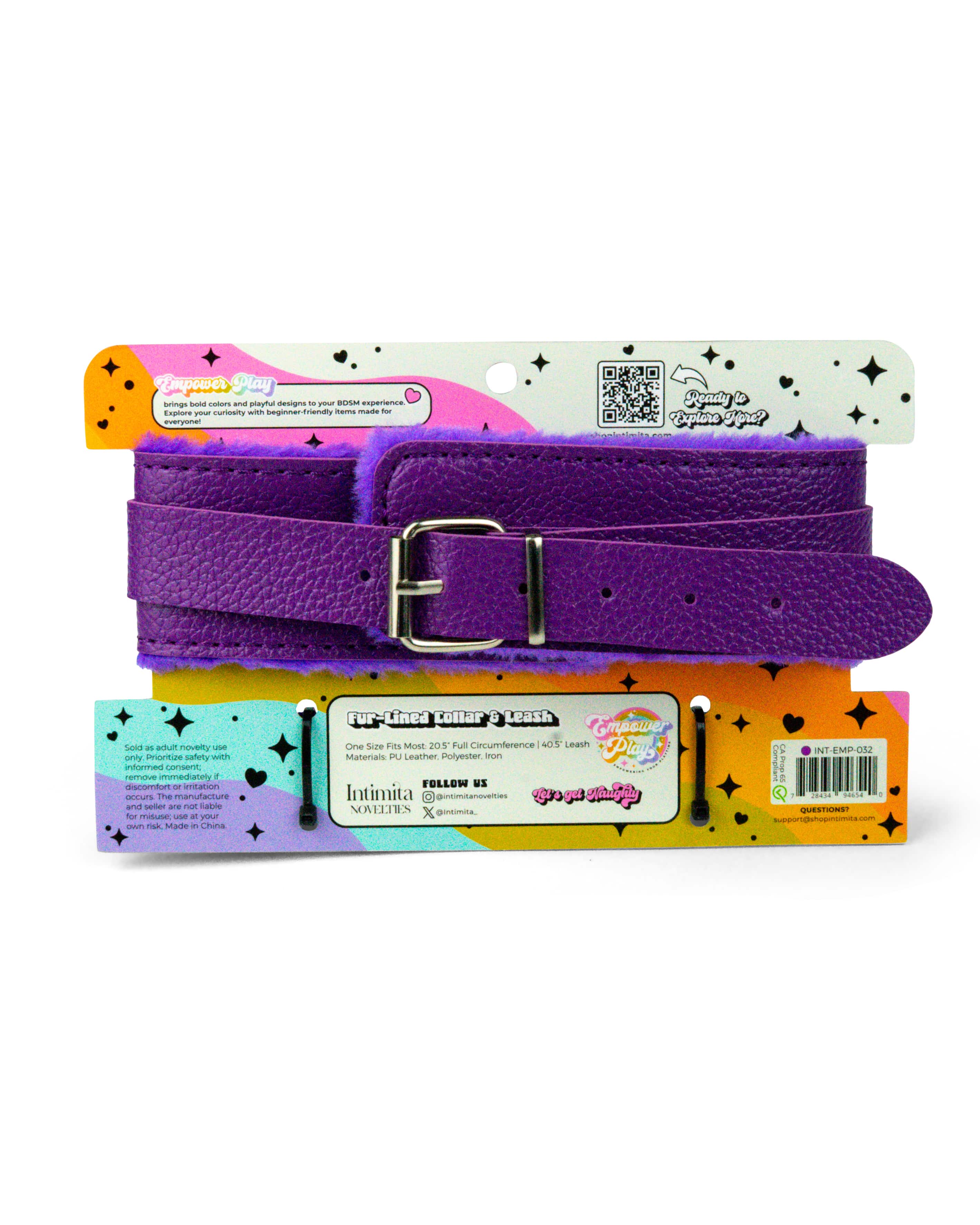 Back of cosmic purple fur-lined collar and leash packaging with product information and branding