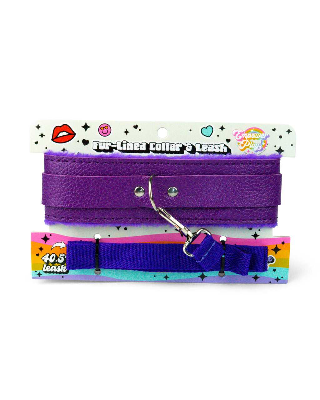 Front view of cosmic purple fur-lined collar and leash packaging by Empower Play