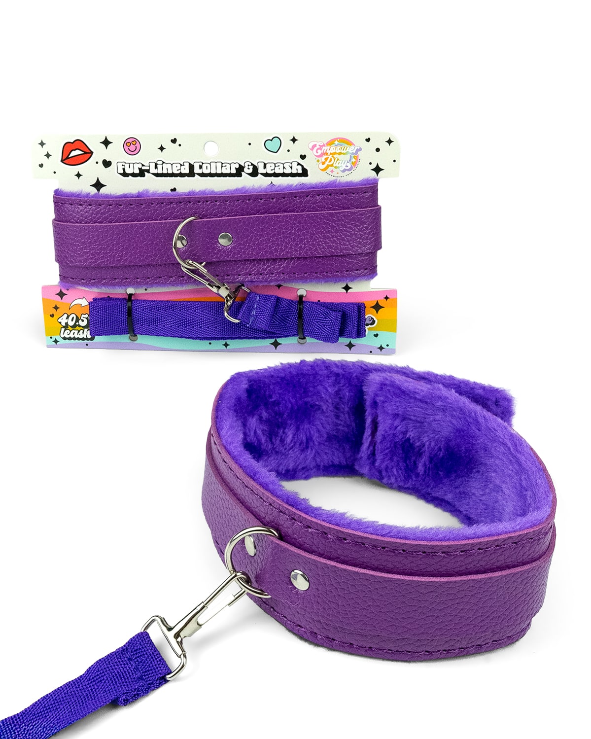 Cosmic purple fur-lined BDSM collar and leash set by Empower Play with retail packaging, beginner-friendly collar play