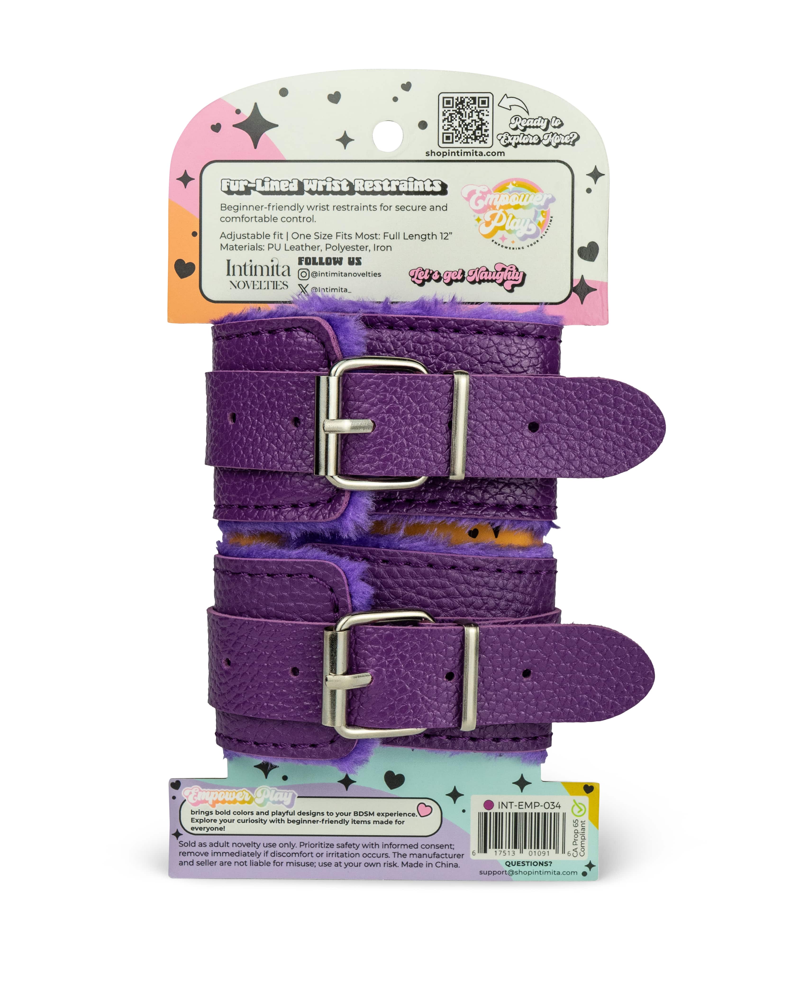 Back of cosmic purple fur-lined wrist restraints packaging with product description, sizing information, and care details