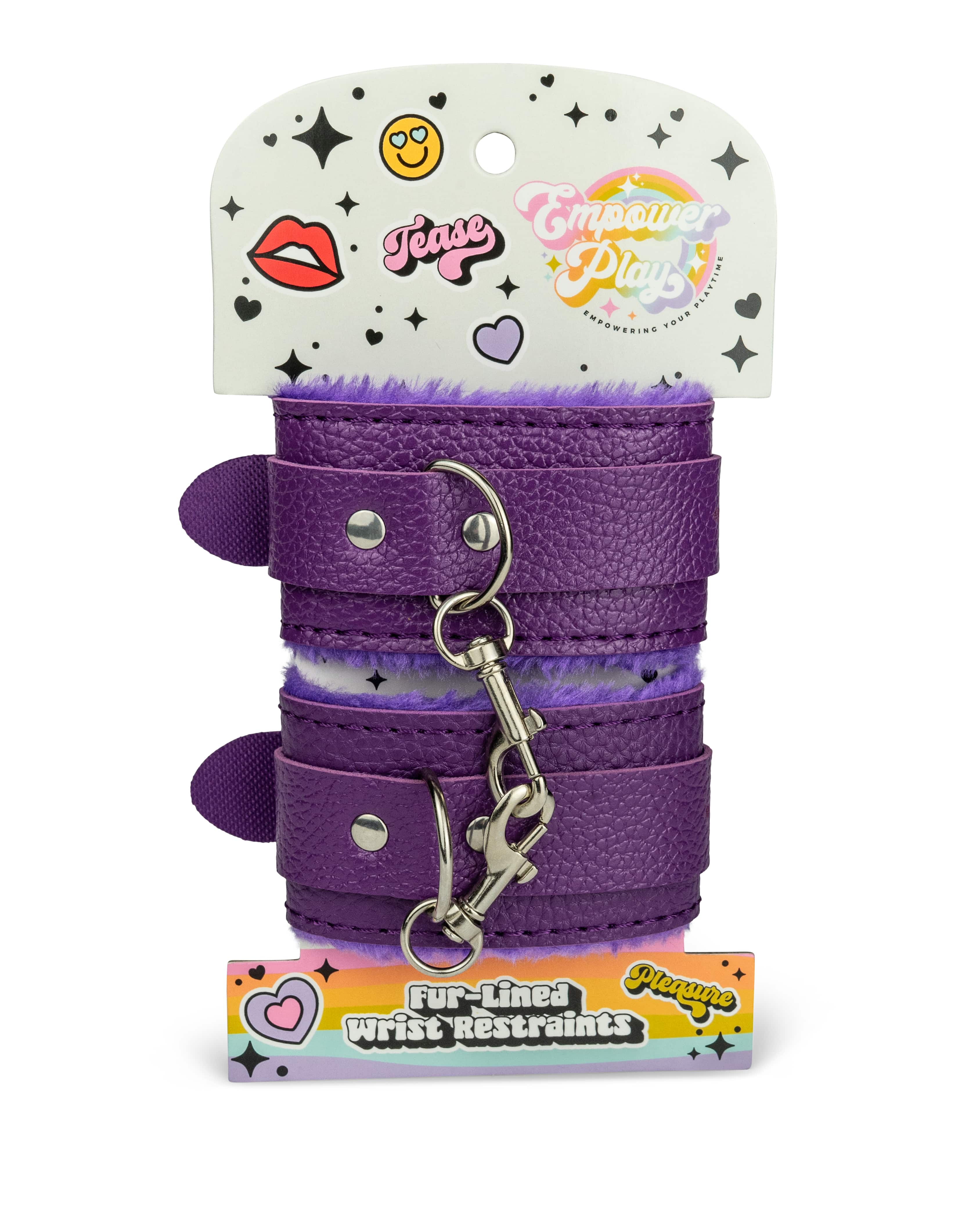 Front view of Empower Play packaging for cosmic purple fur-lined wrist restraints designed for playful beginner bondage