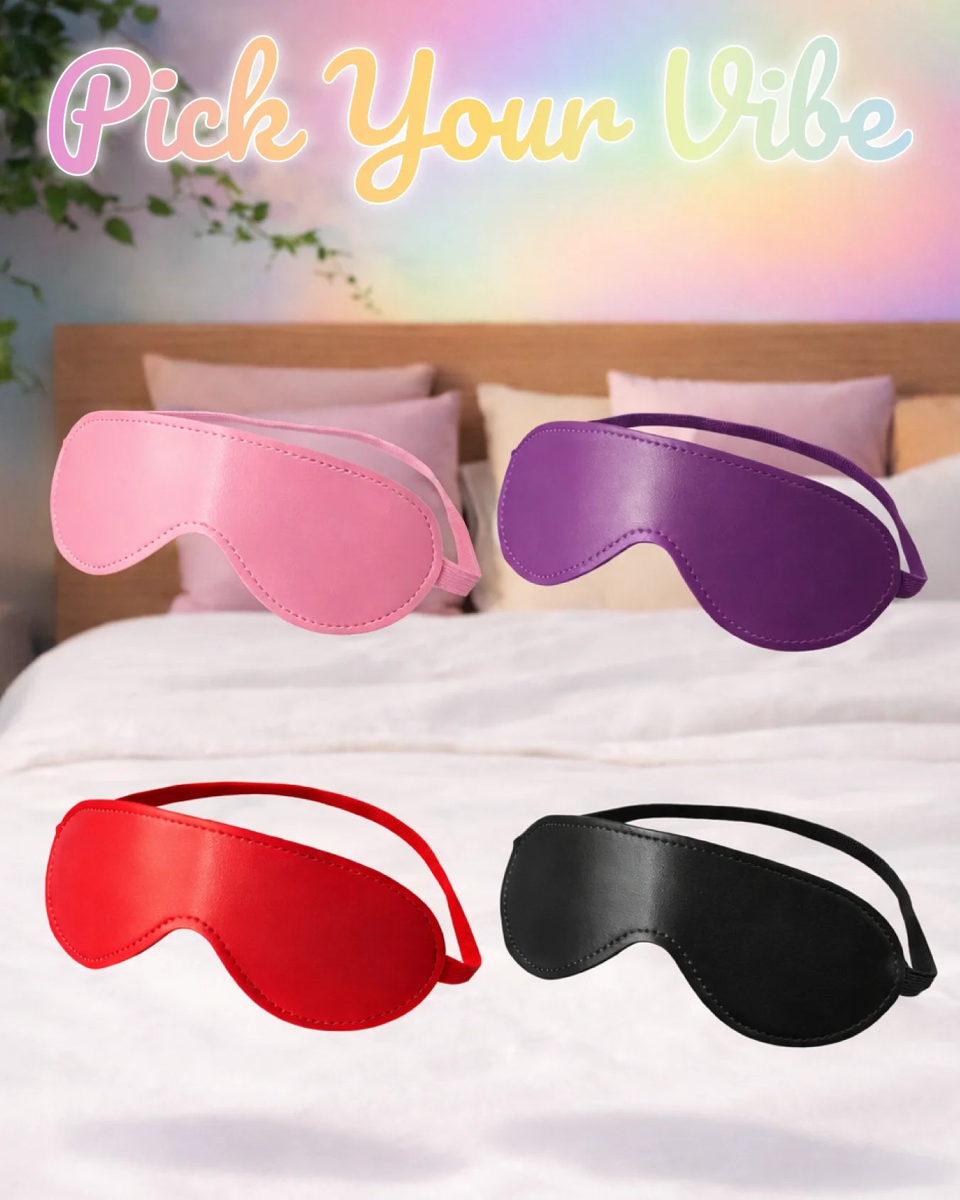 Empower Play™ beginner BDSM blindfold in pink, purple, red and black — faux leather sensory play collection