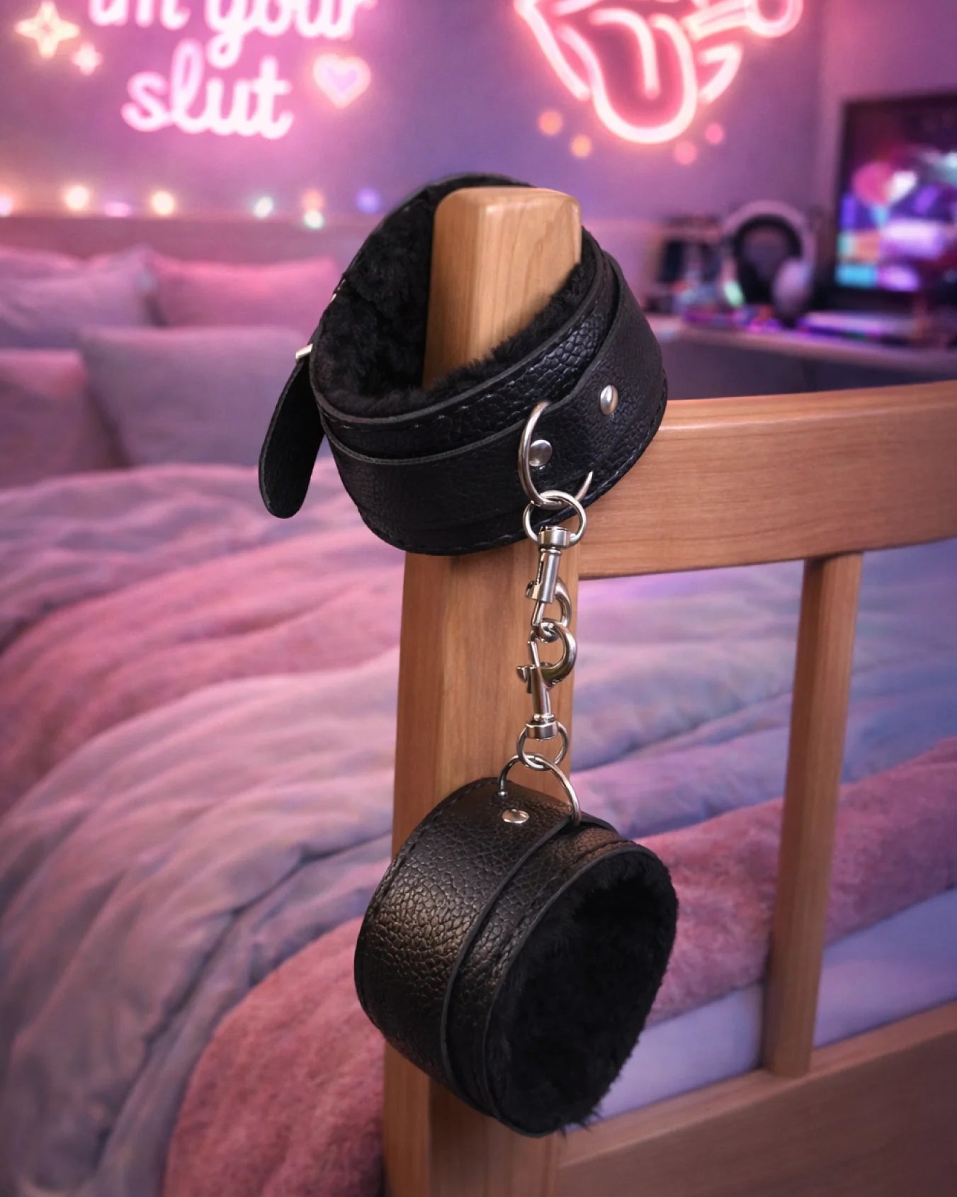 Black fur-lined ankle restraints secured to bedpost with chain, offering stable and comfortable restraint