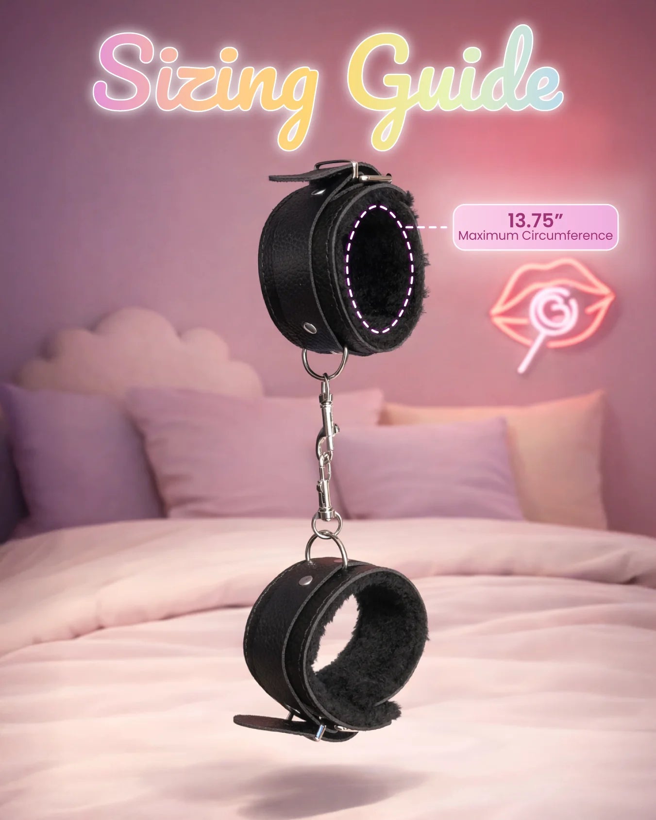 Black fur-lined ankle restraints sizing guide showing cuff measurements and adjustable strap fit