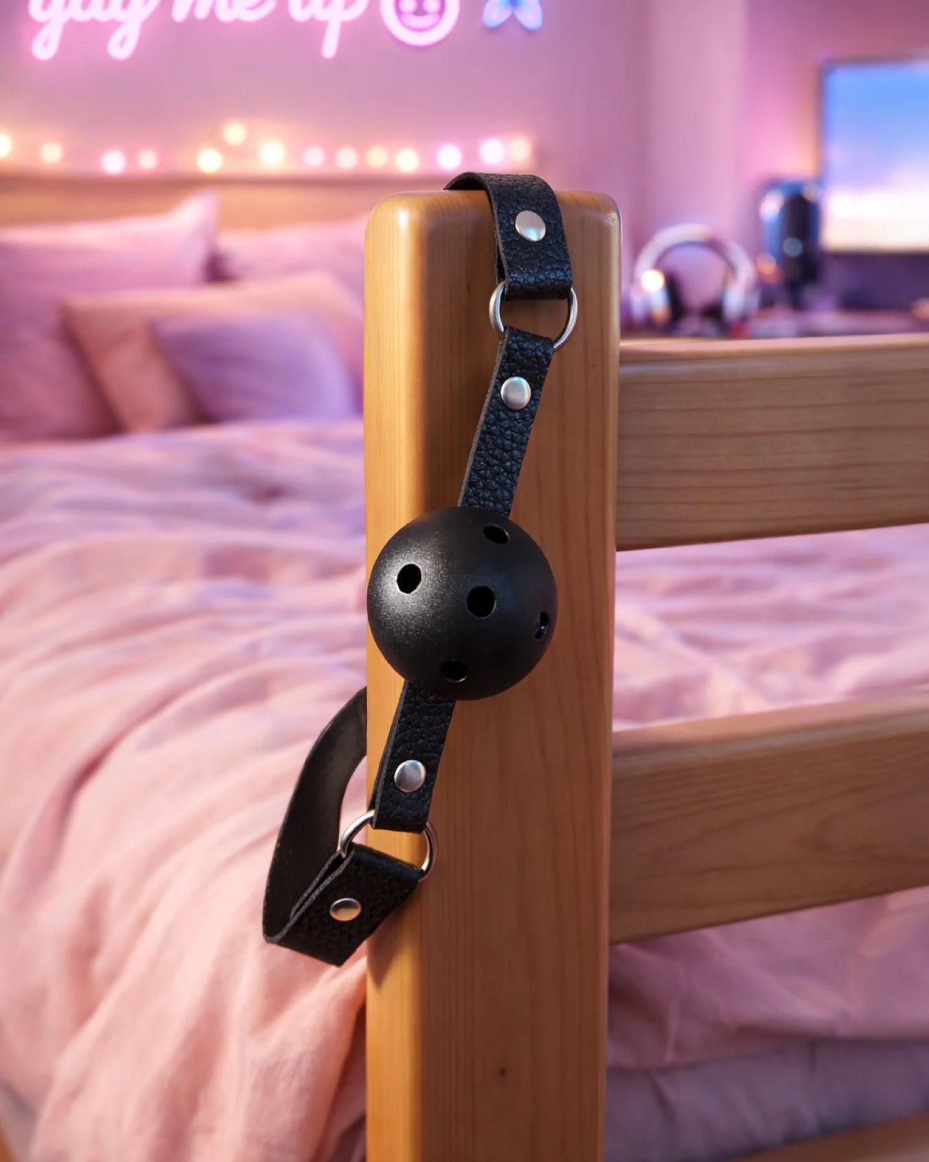 Black breathable ball gag with adjustable strap on bedpost, designed for controlled and comfortable restraint