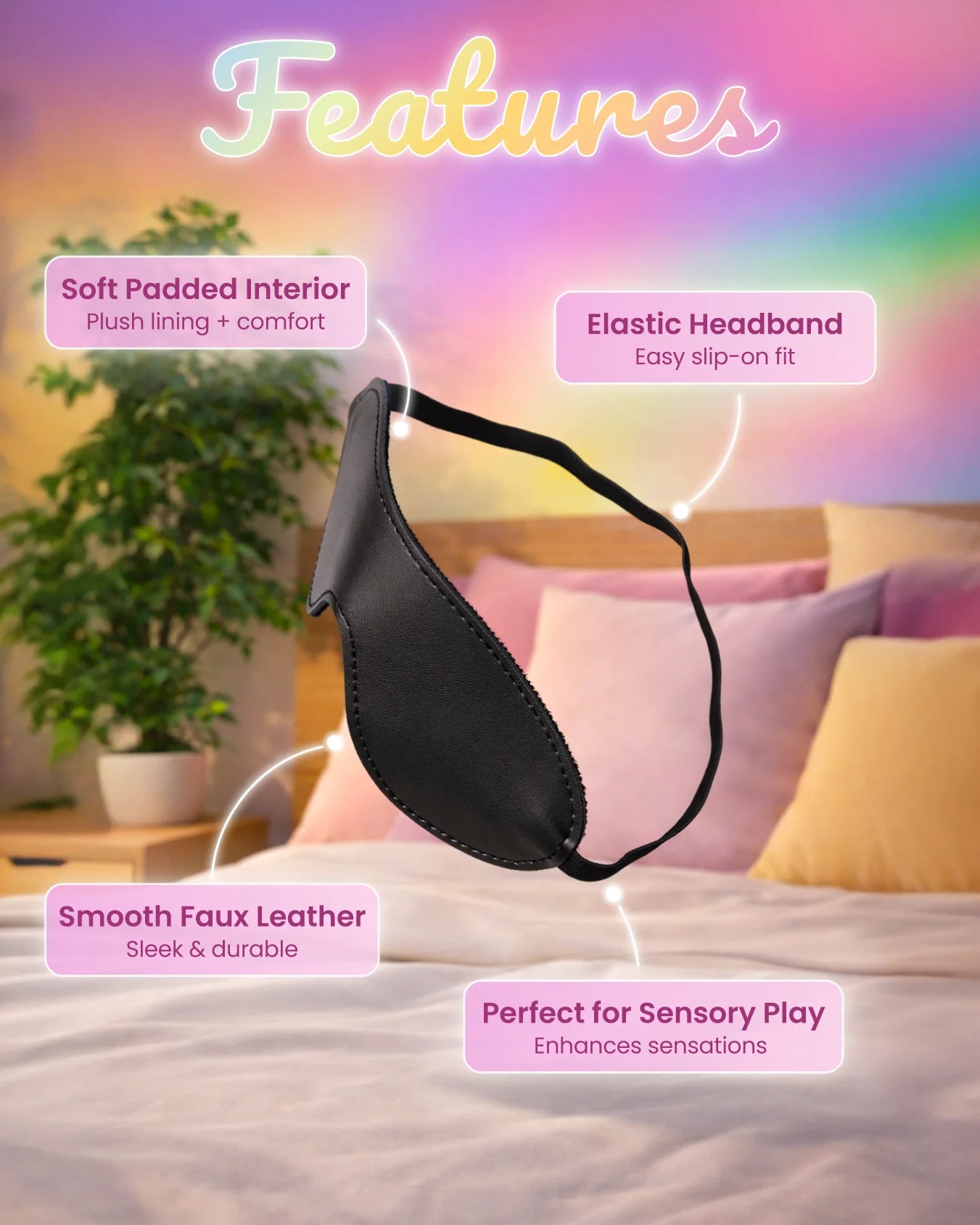Empower Play™ black BDSM blindfold features — padded interior, elastic headband, faux leather sensory play