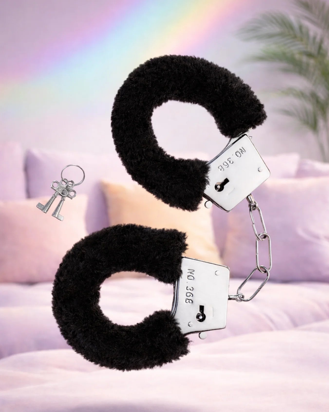 Black BDSM furry handcuffs with plush lining and adjustable straps for classic bondage restraint and secure control