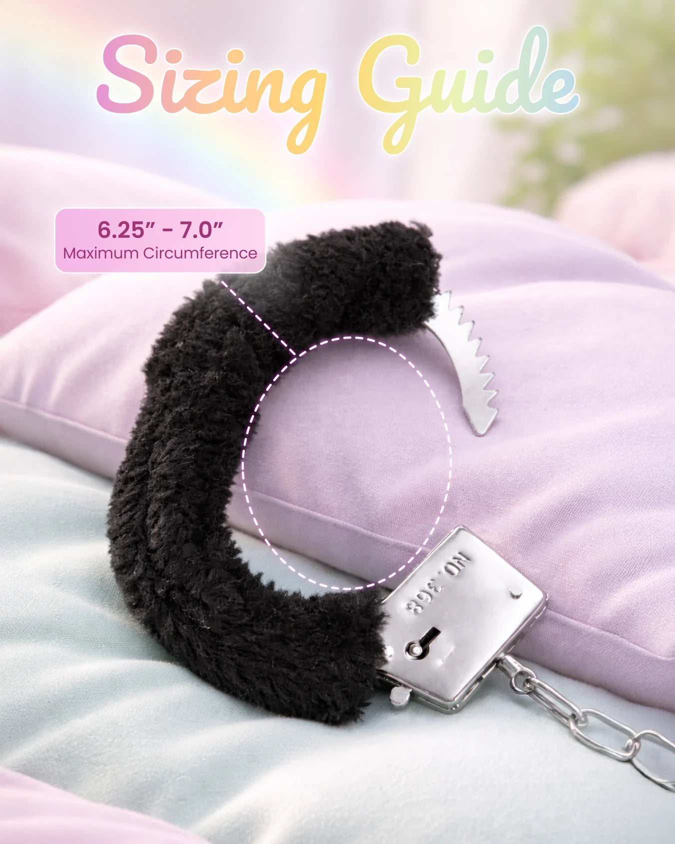 Black BDSM furry handcuffs sizing guide with adjustable cuff fit and circumference for comfortable bondage restraint