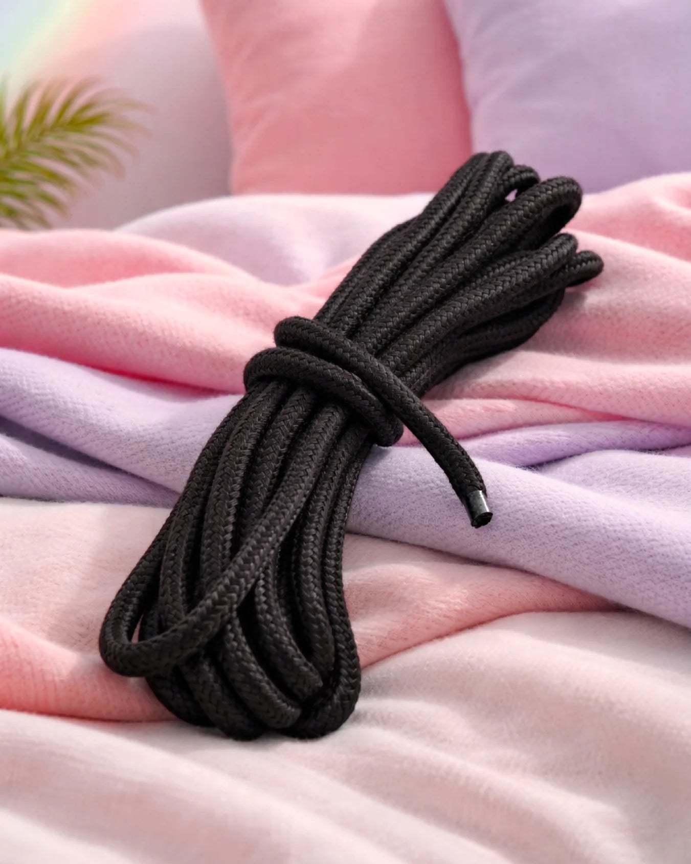 Black cotton bondage rope on bed for bondage restraint and beginner BDSM rope play