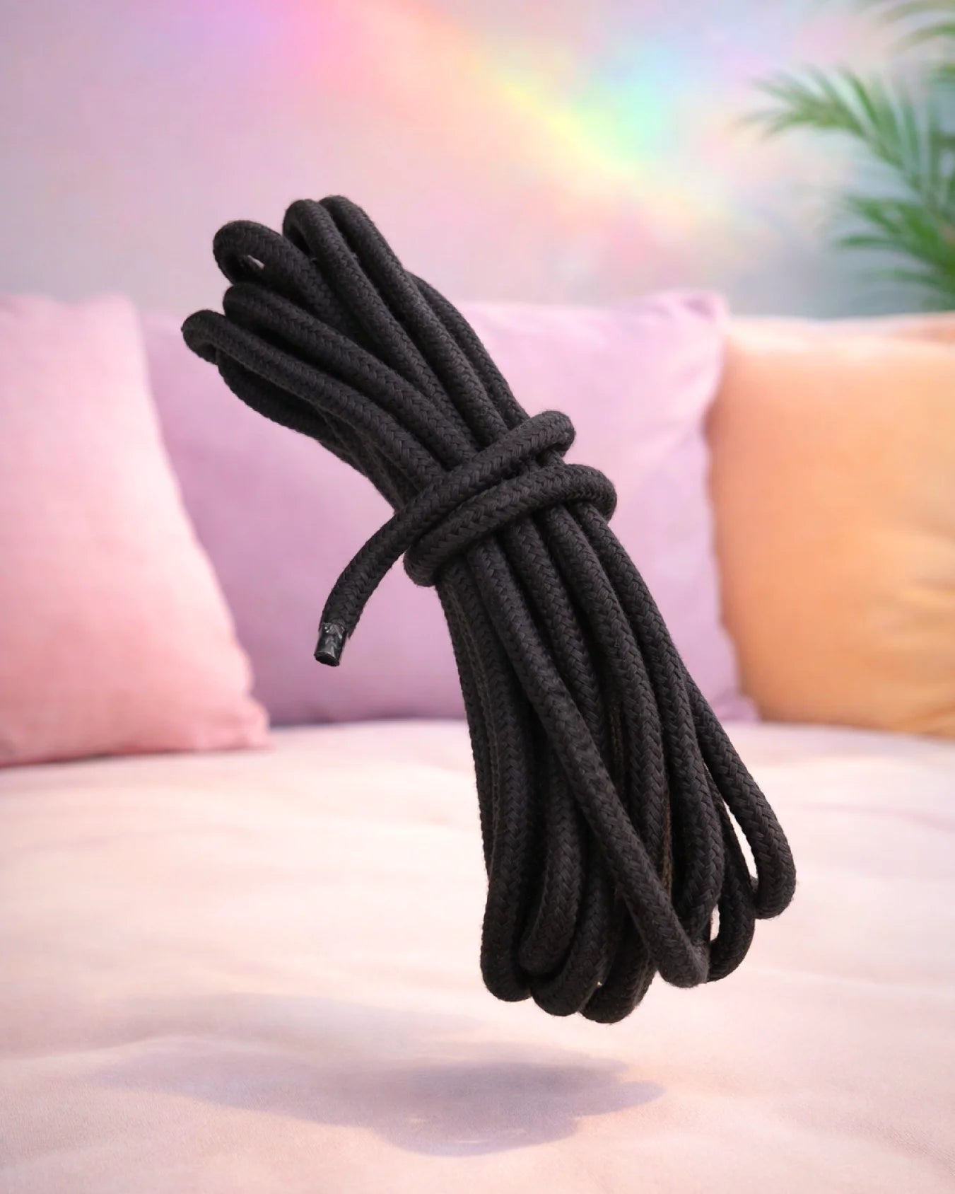 Black cotton bondage rope for BDSM rope play with soft cotton fibers and strong durable restraint use