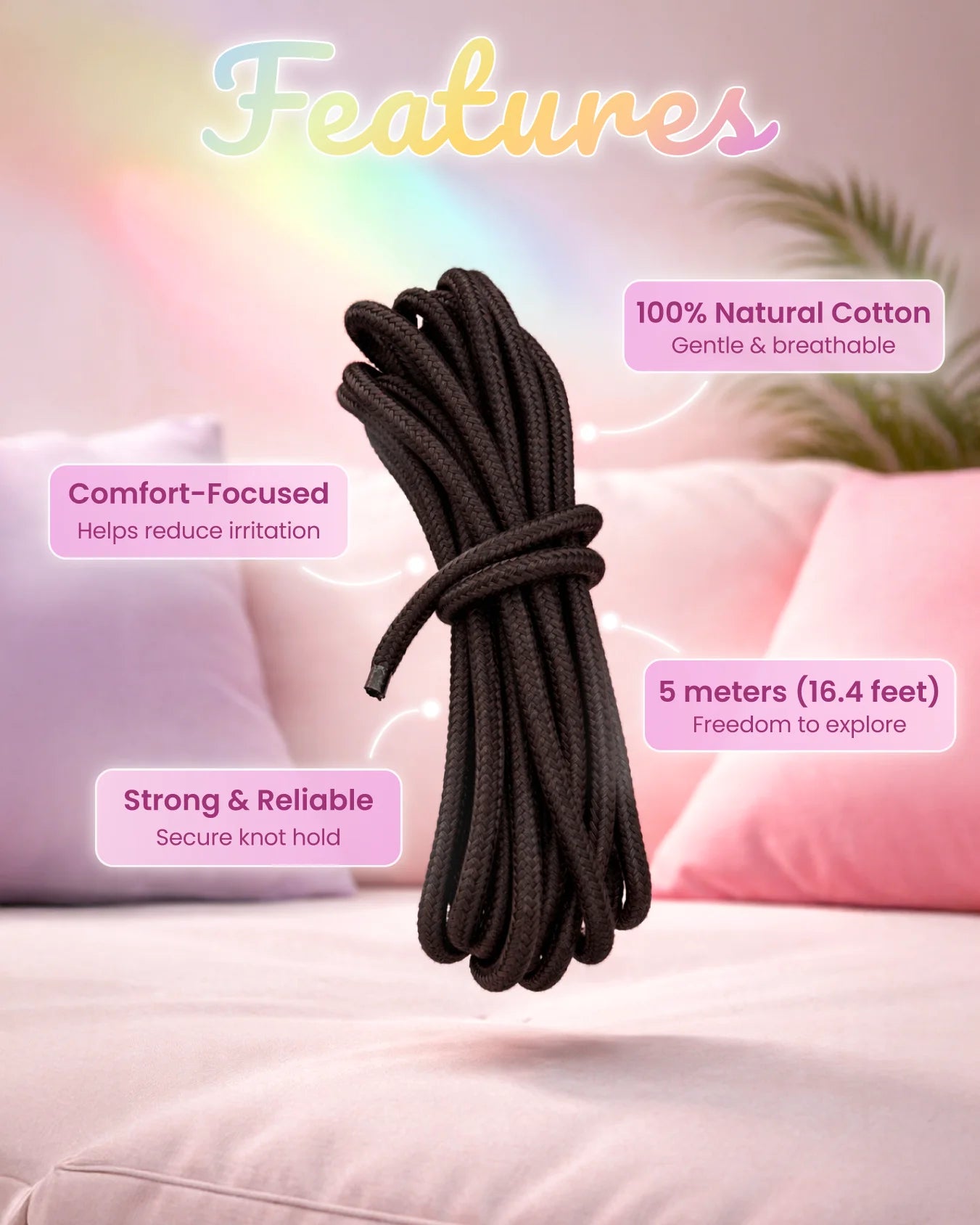 Black cotton bondage rope features including soft cotton material, 5 meter length, and strong knot hold for restraint and rope play