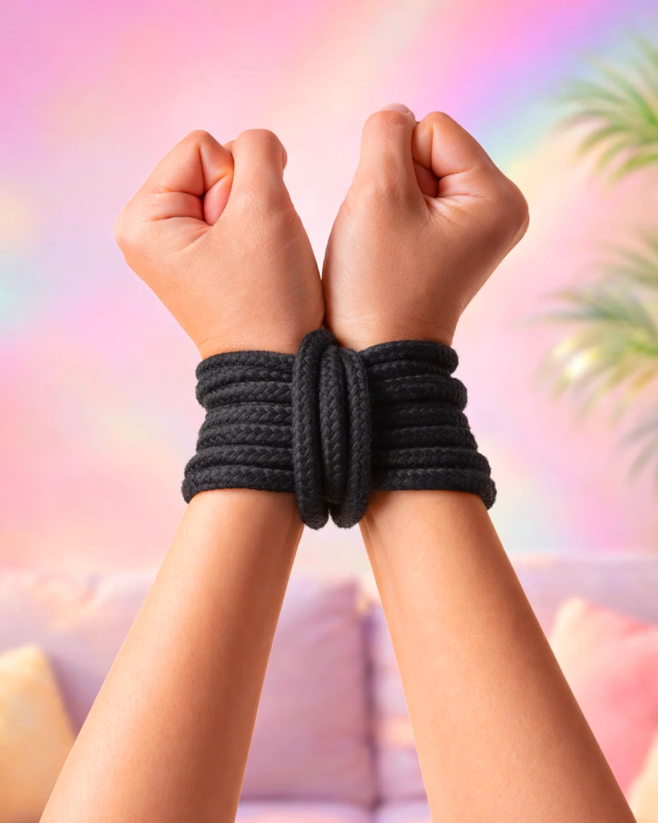 Black cotton bondage rope tied around wrists for bondage restraint and BDSM rope tying with durable cotton fibers