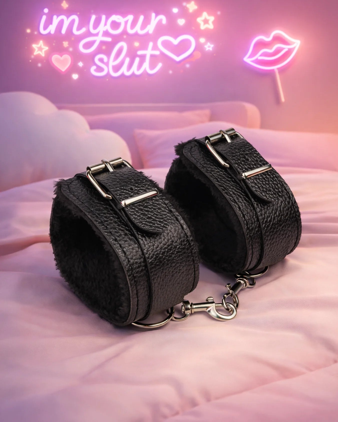 Black fur-lined ankle restraints by Empower Play™ combining soft lining with a sleek, beginner-friendly design