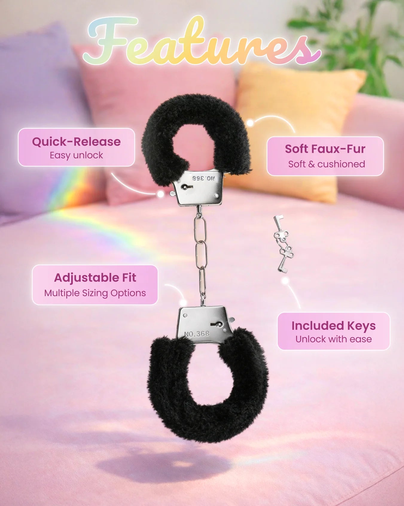 Black furry bondage handcuffs features showing soft faux fur lining, adjustable straps, quick release mechanism, and keys