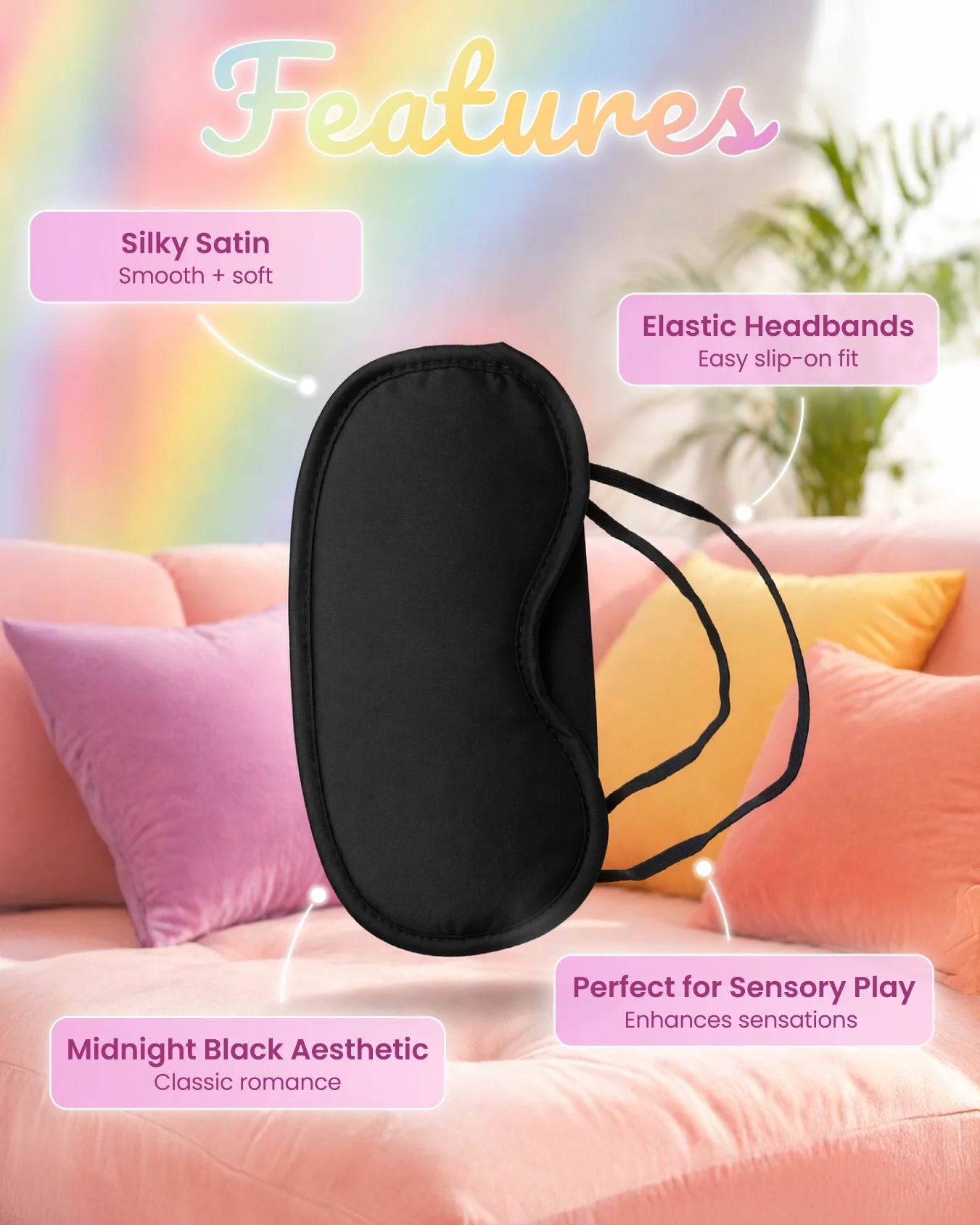 Black satin blindfold featuring silky fabric and elastic headband for secure and comfortable sensory play