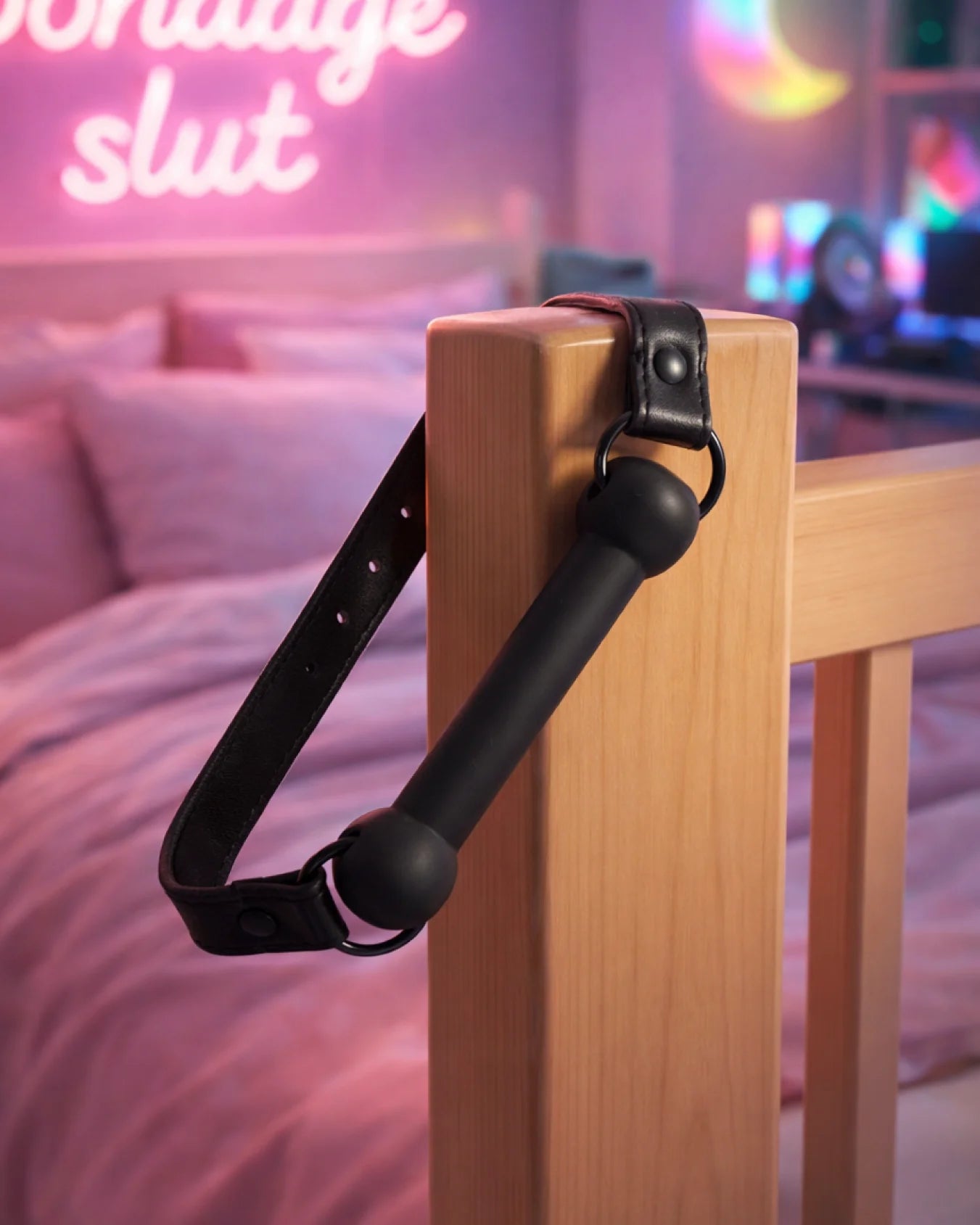 Black silicone bit gag draped over bedpost with adjustable strap, designed for controlled and comfortable restraint