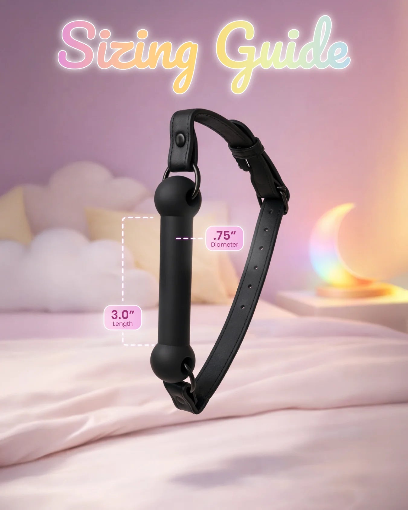 Black silicone bit gag sizing chart with measurements and fit details for secure and comfortable wear