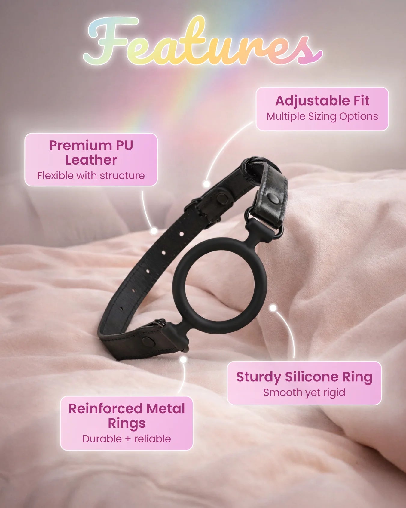 Black silicone O-ring gag feature graphic showing smooth silicone ring, adjustable fit, and durable PU leather strap