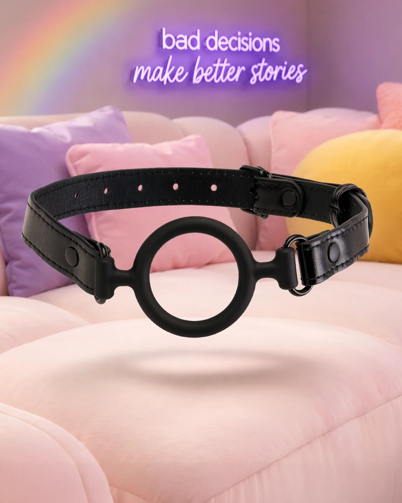 Black silicone O-ring gag by Empower Play™ with open-mouth ring and adjustable strap for controlled mouth restraint