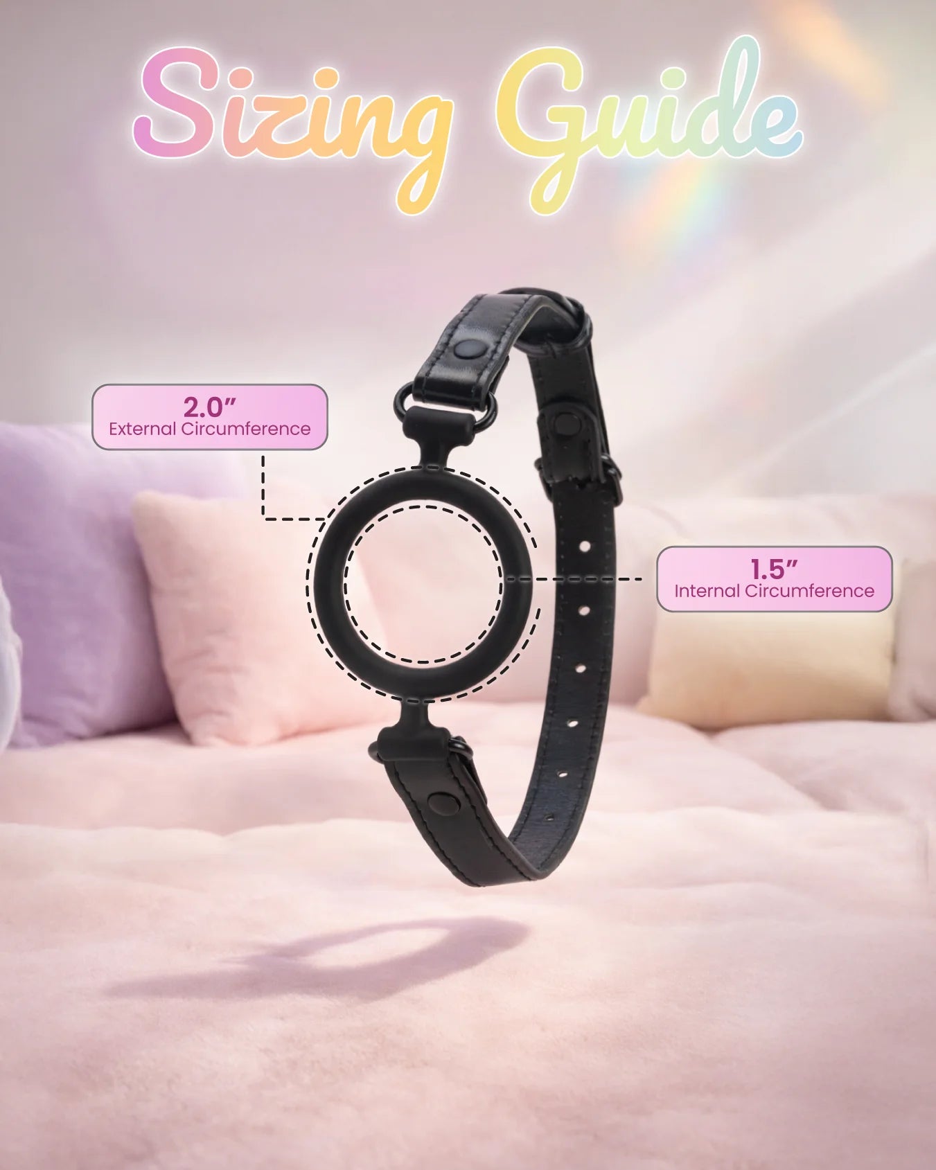Black silicone O-ring gag sizing guide showing inner and outer ring measurements for secure fit