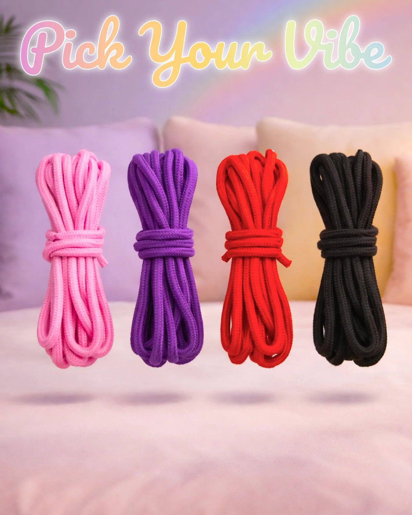 Cotton bondage rope in pink, purple, red, and black colors showing BDSM rope options for beginner restraint and rope play