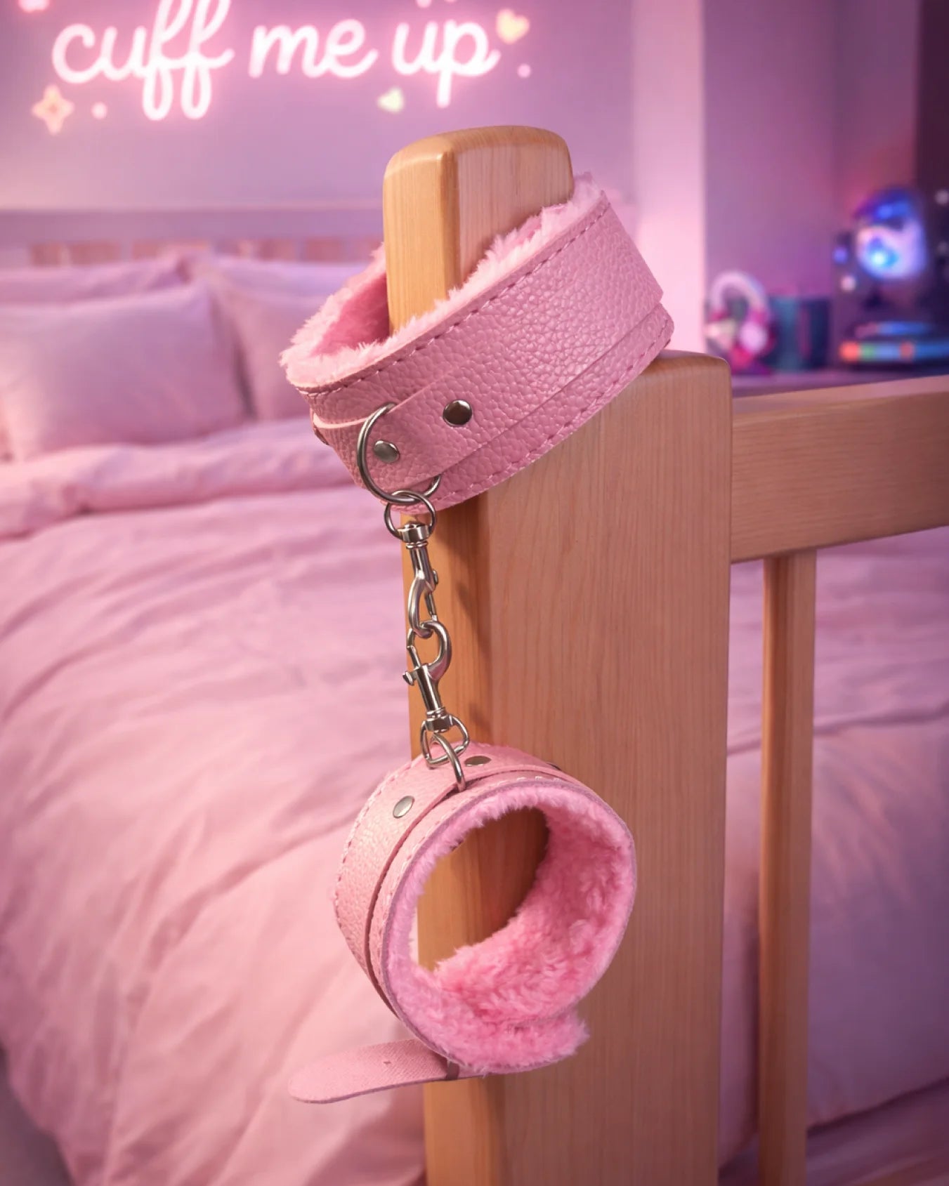 Pink fur-lined ankle restraints attached to bedpost with chain, soft and comfortable BDSM ankle cuffs for light restraint