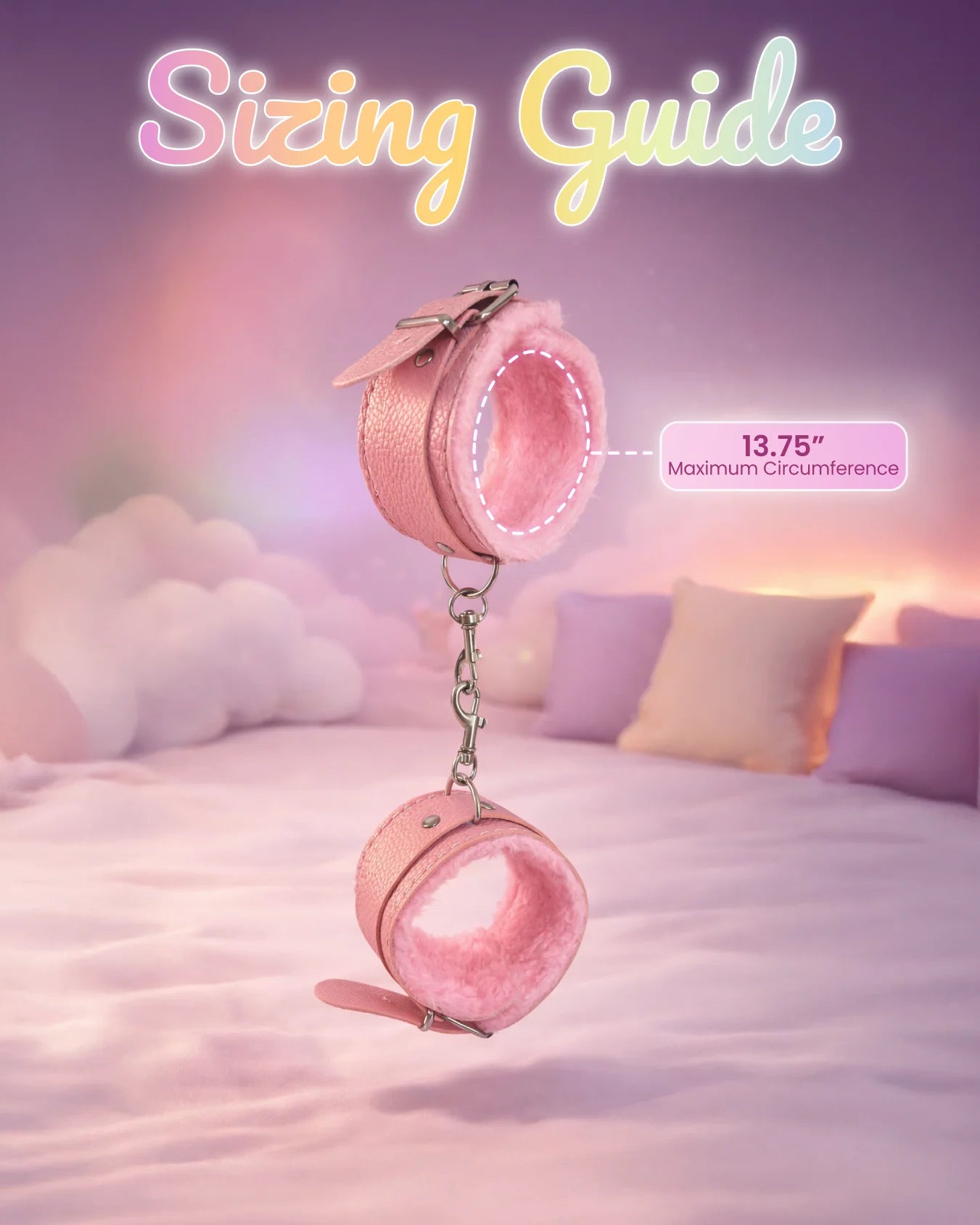 Pink fur-lined ankle restraints sizing guide showing adjustable fit and cuff dimensions for secure and comfortable wear