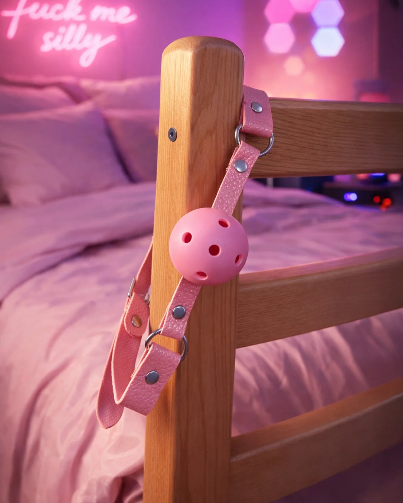 Pink breathable ball gag with adjustable strap hanging on bedpost, soft and playful BDSM mouth restraint design