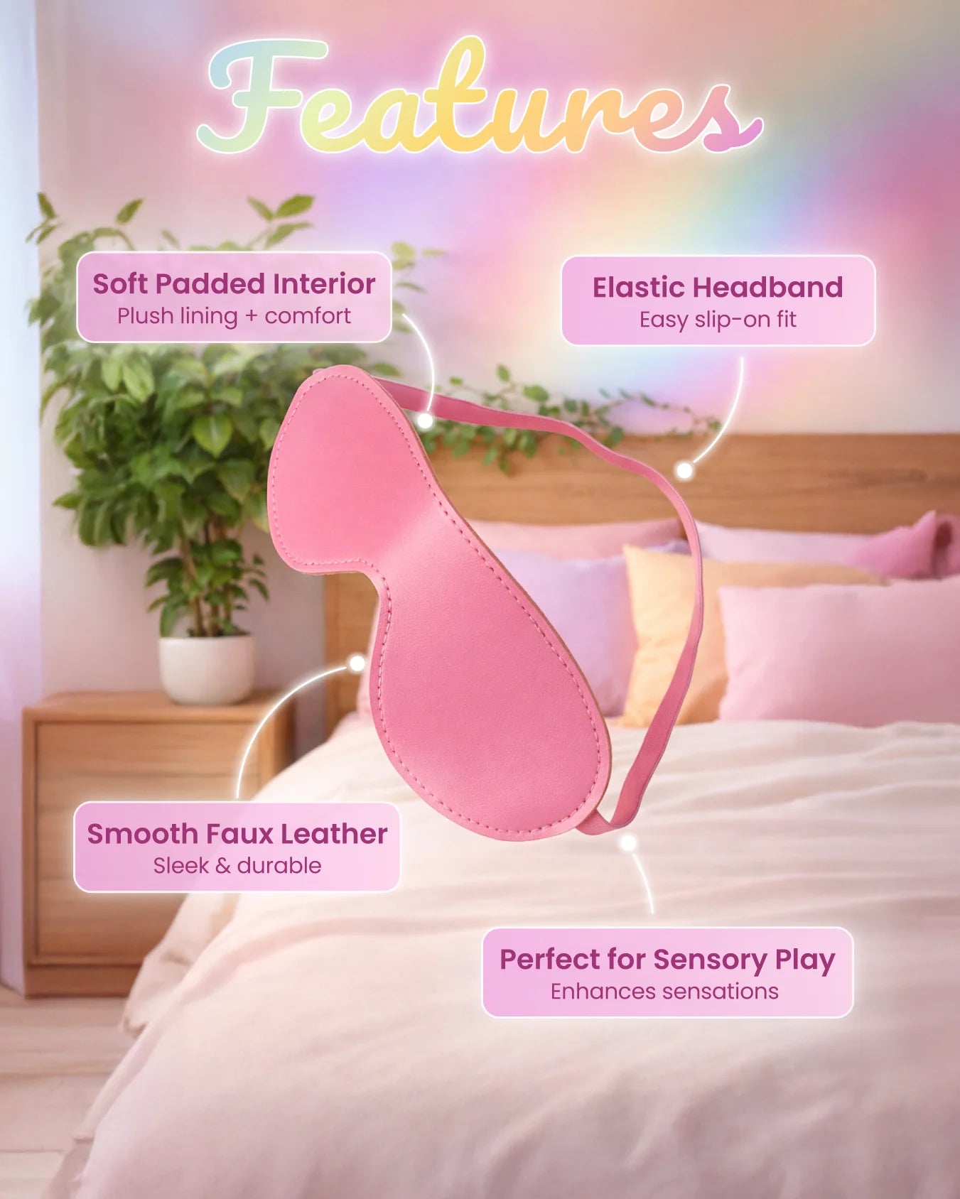 Empower Play™ pink BDSM blindfold features — soft padded interior, elastic headband, faux leather for sensory play