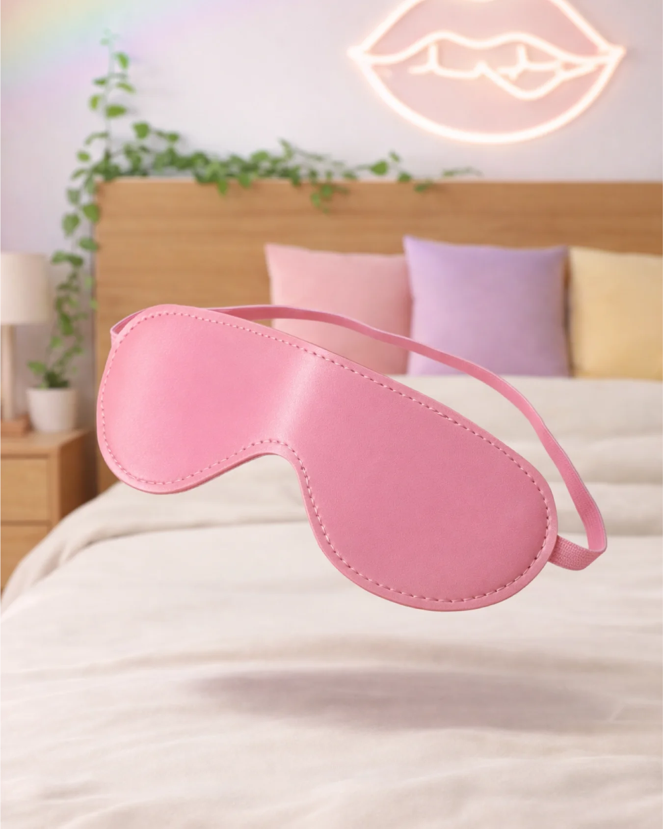 Empower Play™ pink faux leather BDSM blindfold for beginners — soft padded interior for comfortable sensory deprivation