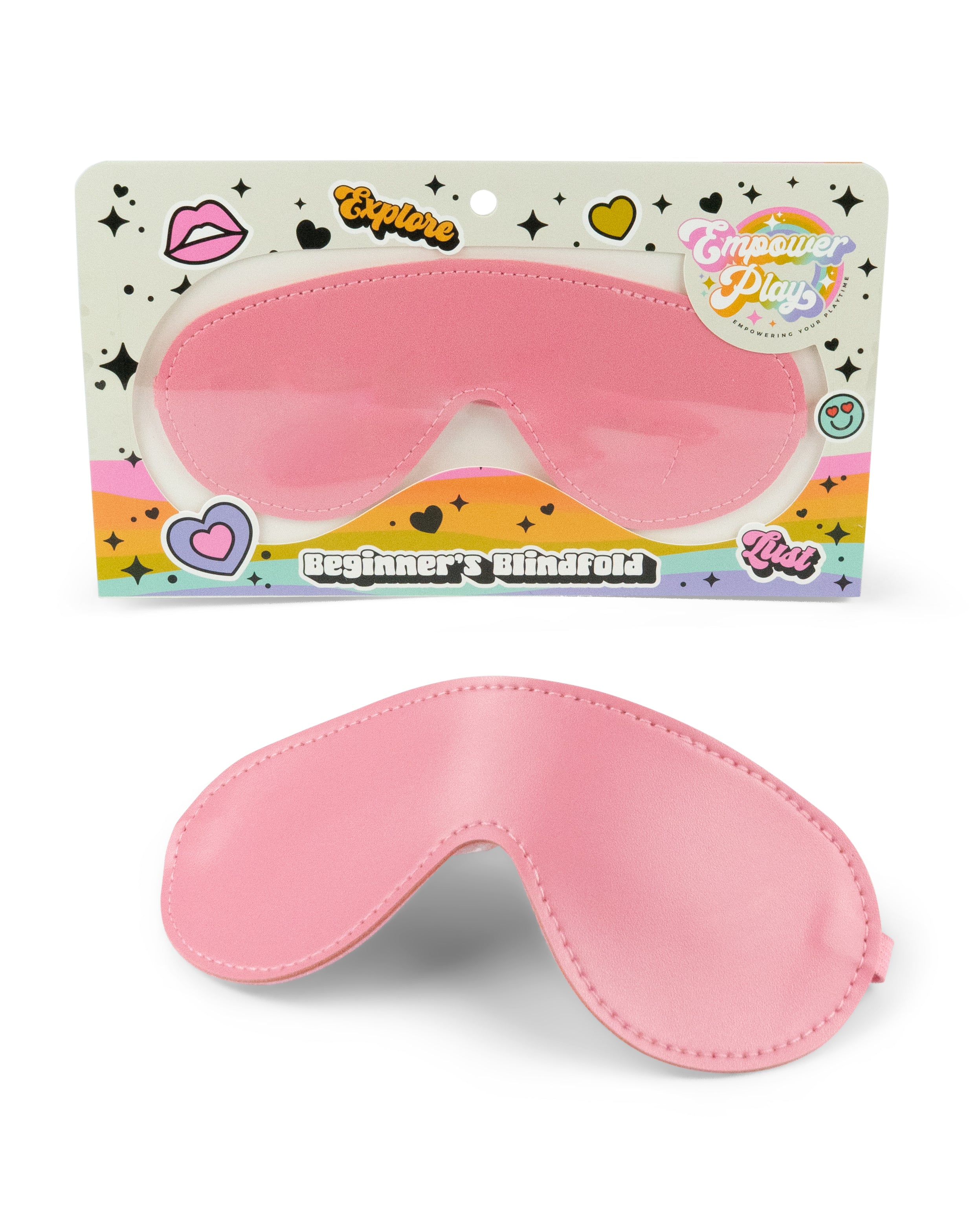 Cupcake pink beginner BDSM blindfold shown in Empower Play™ retail packaging with unboxed product view