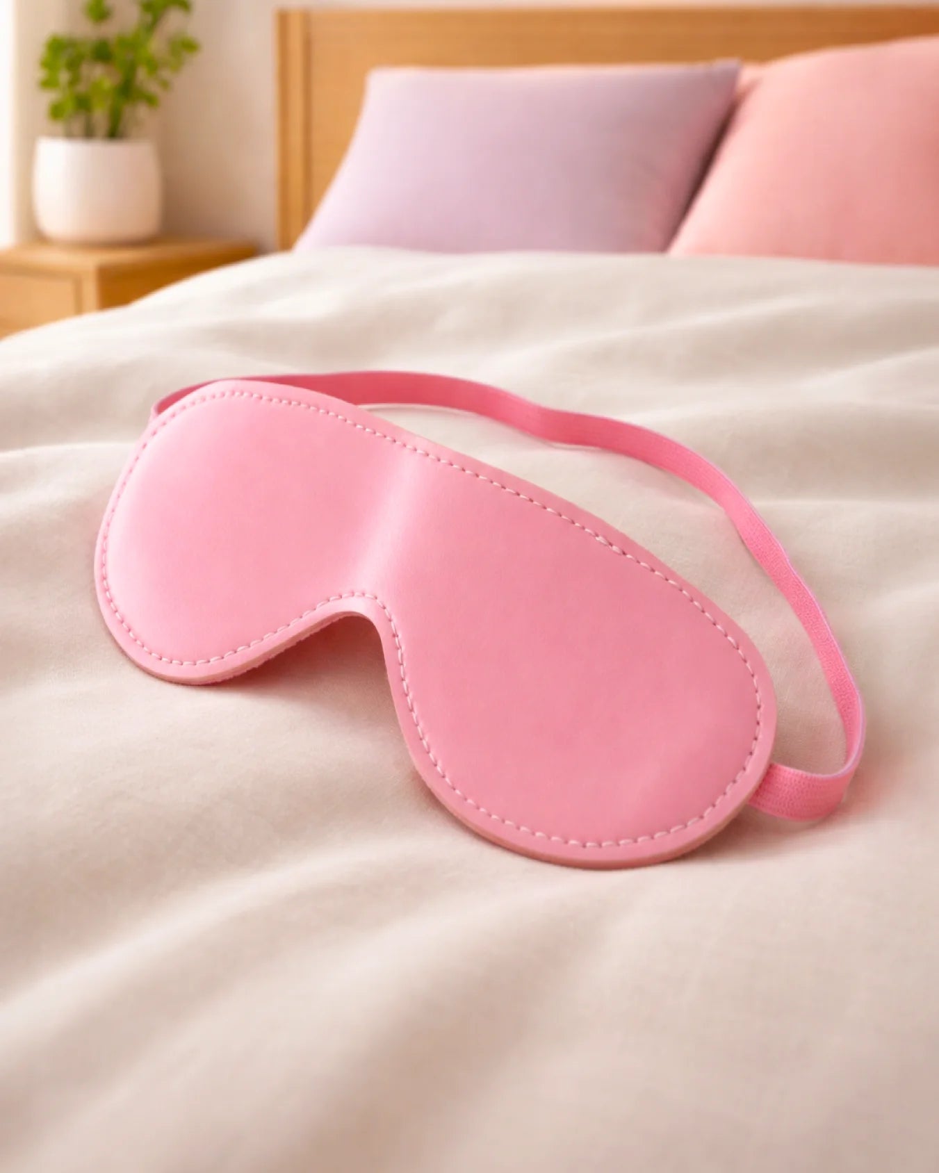 Empower Play™ pink faux leather beginner BDSM blindfold flat lay — soft padded design for sensory play