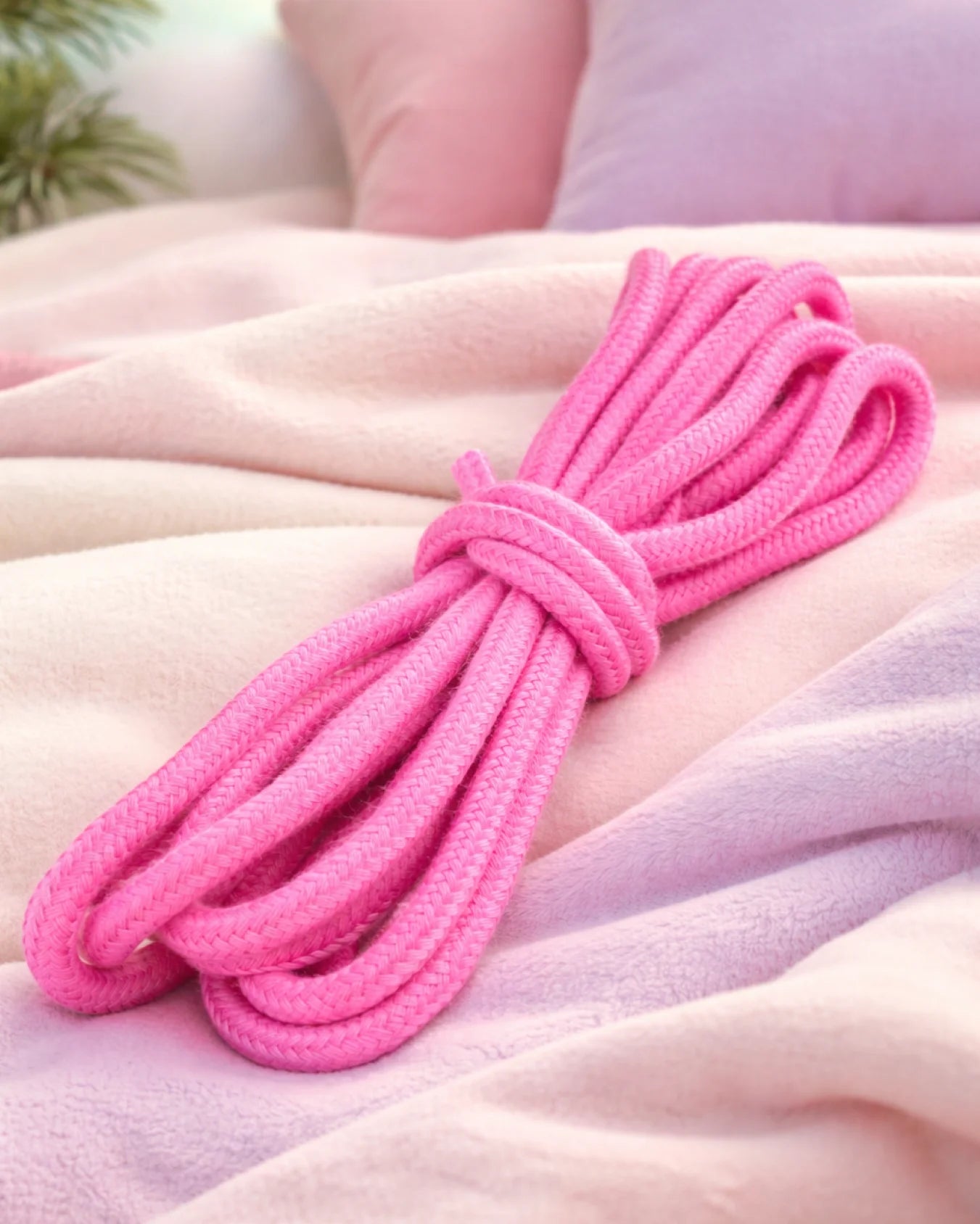 Pink cotton bondage rope on bed for soft BDSM rope play and beginner restraint with gentle cotton fibers