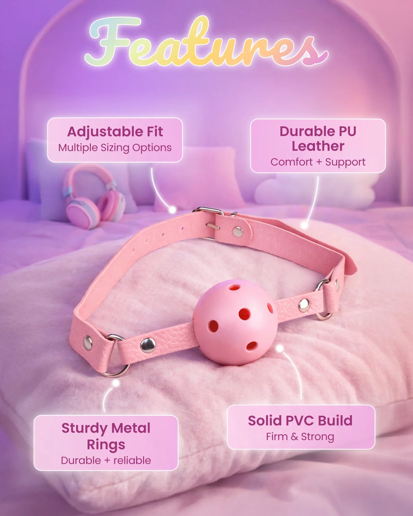 Pink breathable ball gag features showing airflow holes, adjustable fit, durable PVC build, and reinforced metal rings