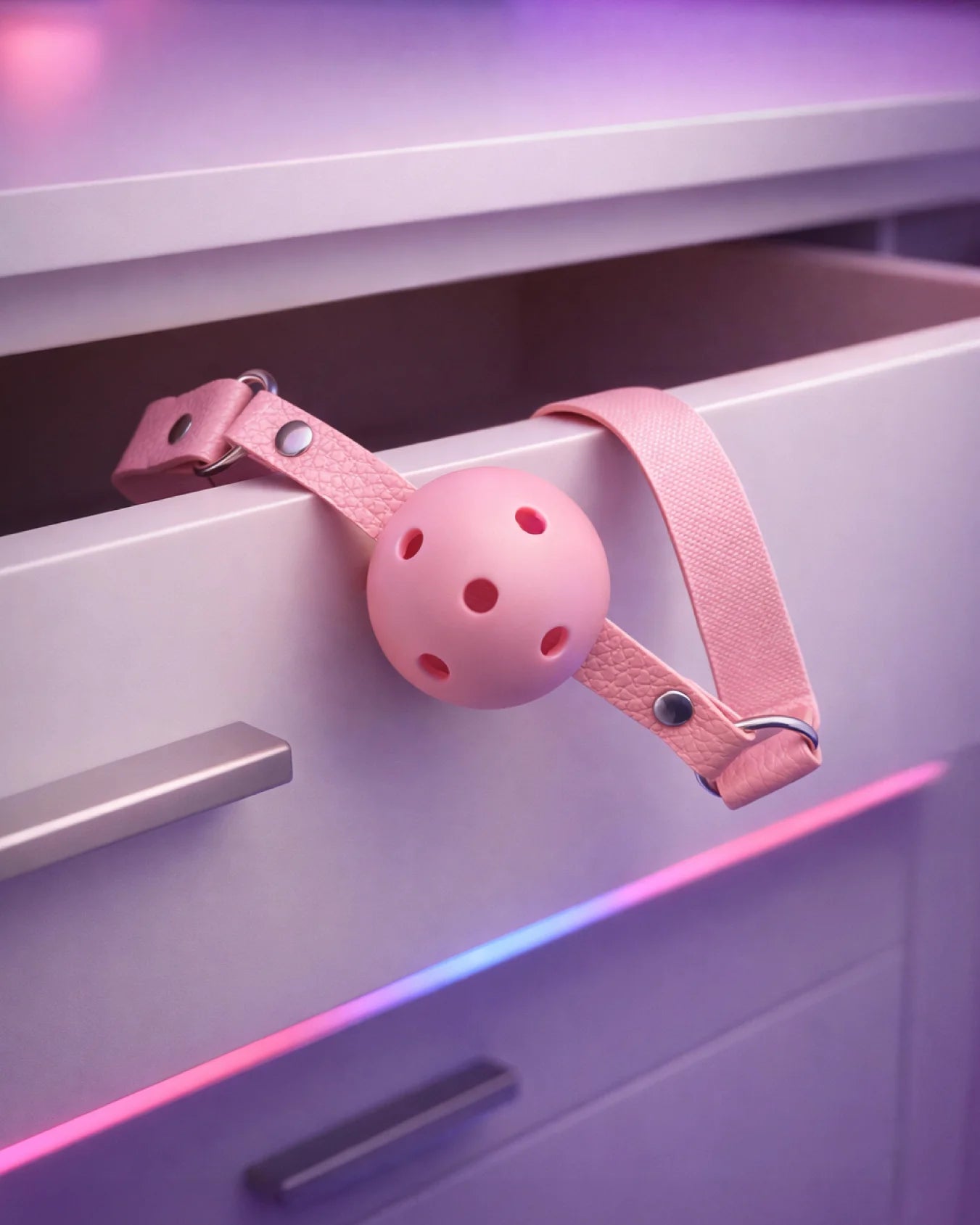 Pink breathable ball gag with airflow holes and adjustable strap shown in bedroom setting for comfortable mouth restraint