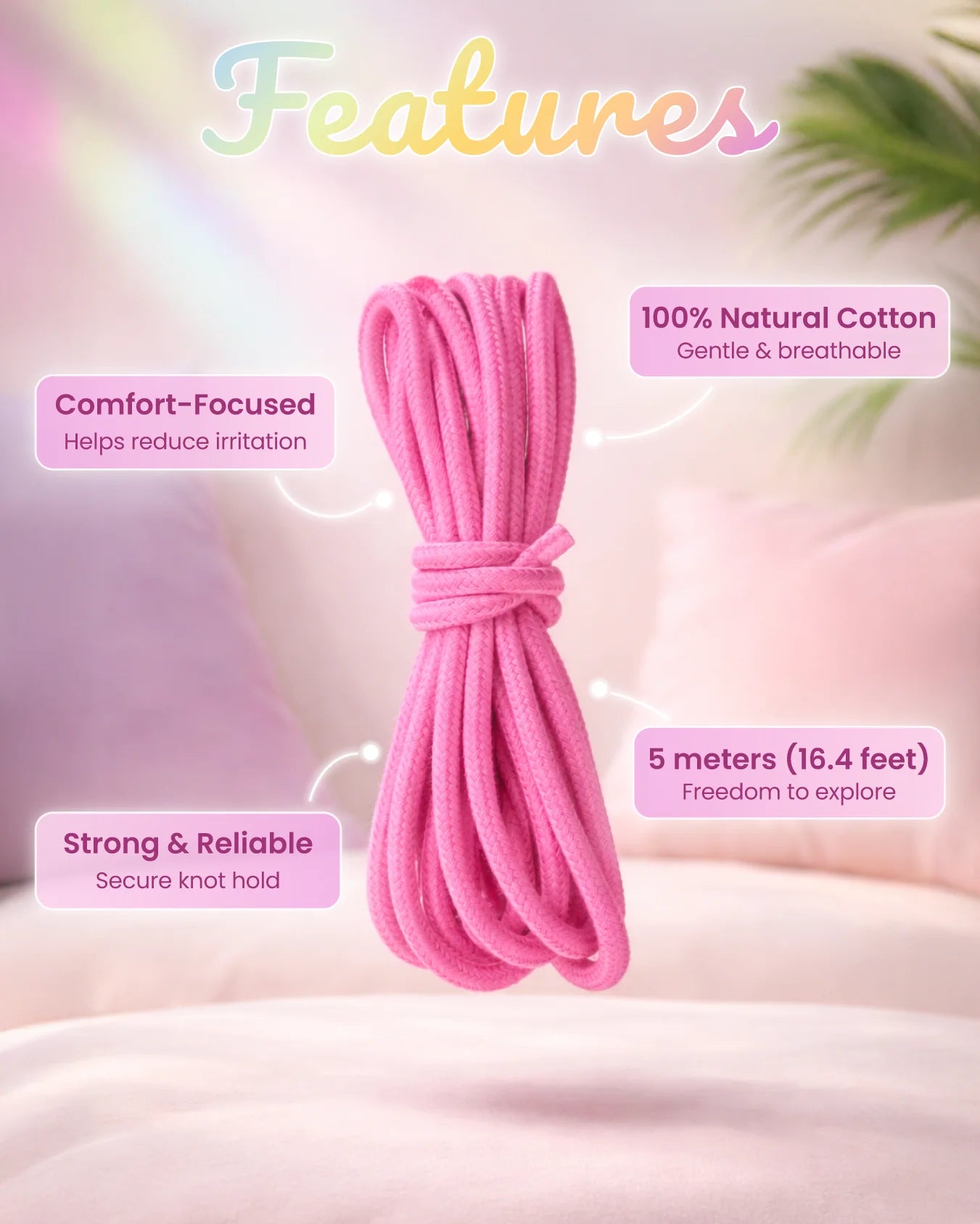 Pink cotton bondage rope features showing 100 percent cotton material, 5 meter length, and beginner-friendly BDSM rope design