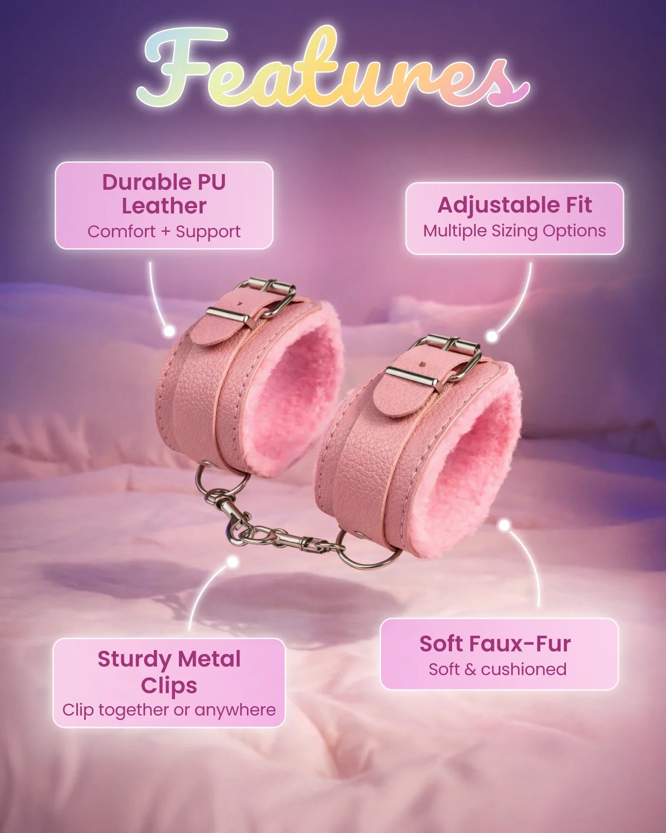 Pink fur-lined ankle cuffs feature soft faux-fur lining, adjustable straps, and durable clips for comfortable restraint