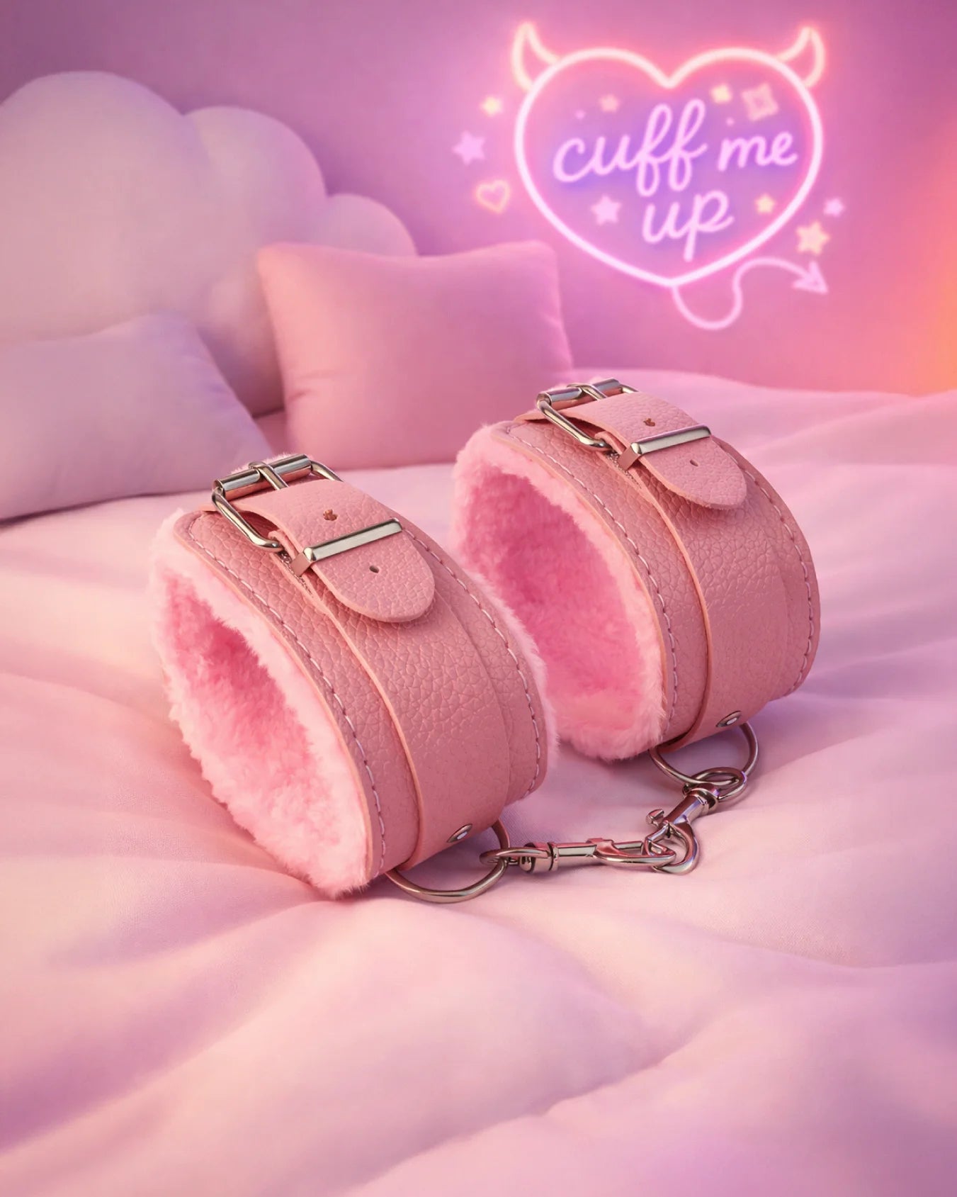 Pink fur-lined ankle restraints by Empower Play™ with soft faux-fur cuffs, designed for comfortable beginner BDSM play