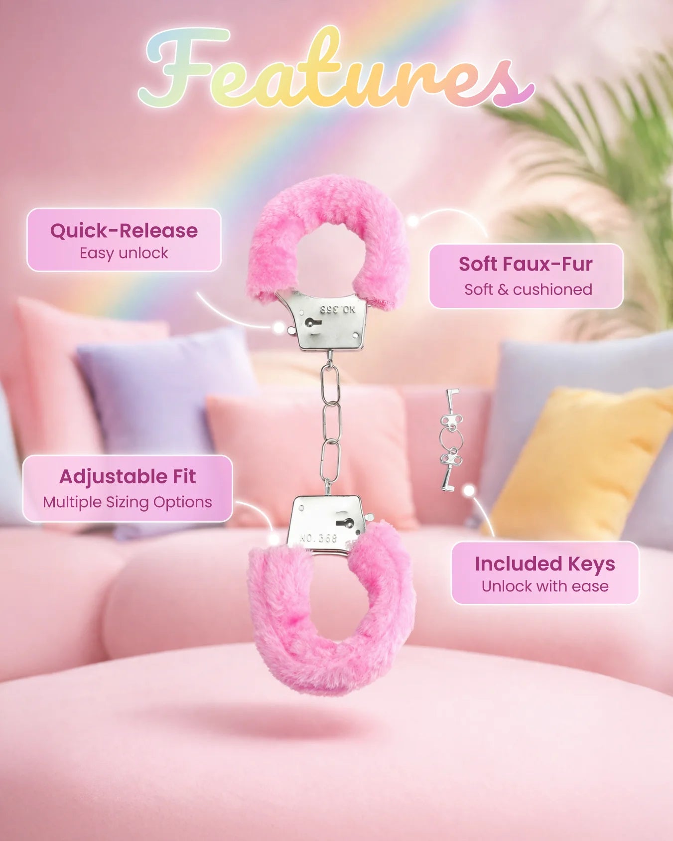 Pink furry BDSM handcuffs features showing soft faux fur lining, adjustable fit, quick release, and included keys for bondage restraint