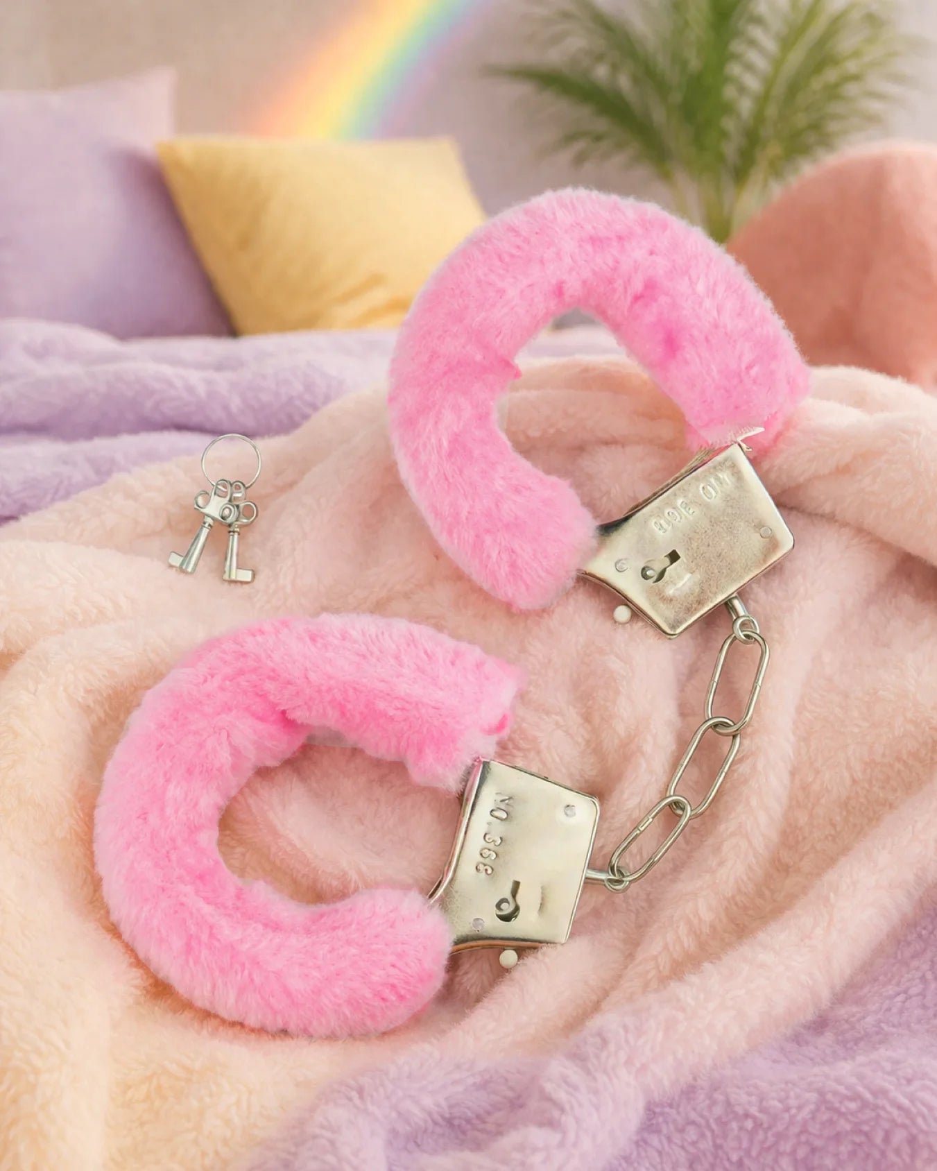 Pink furry bondage handcuffs on soft bed with faux fur lining and metal cuffs for comfortable BDSM restraint play