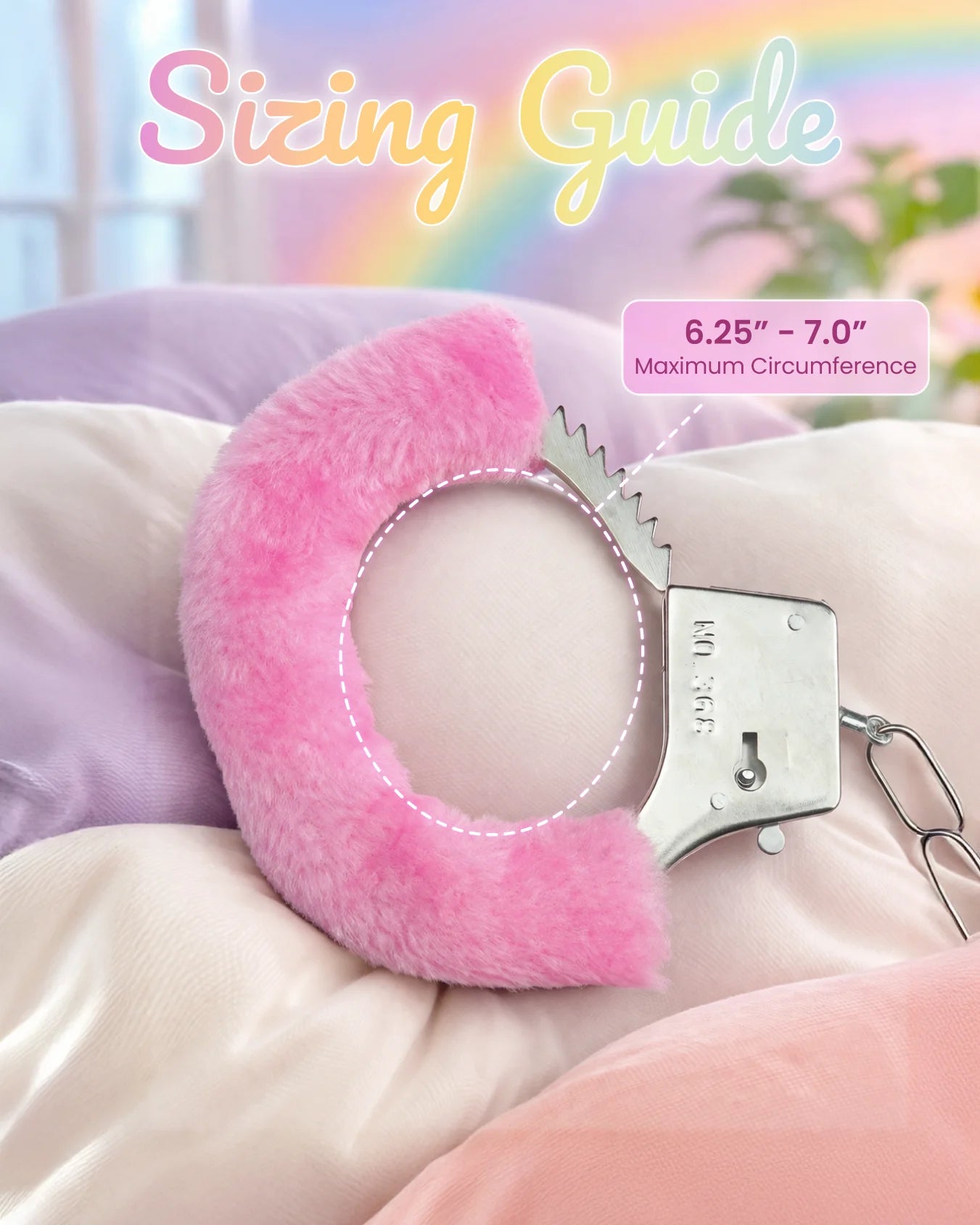 Pink furry bondage handcuffs sizing guide showing adjustable fit and cuff circumference for comfortable BDSM restraint