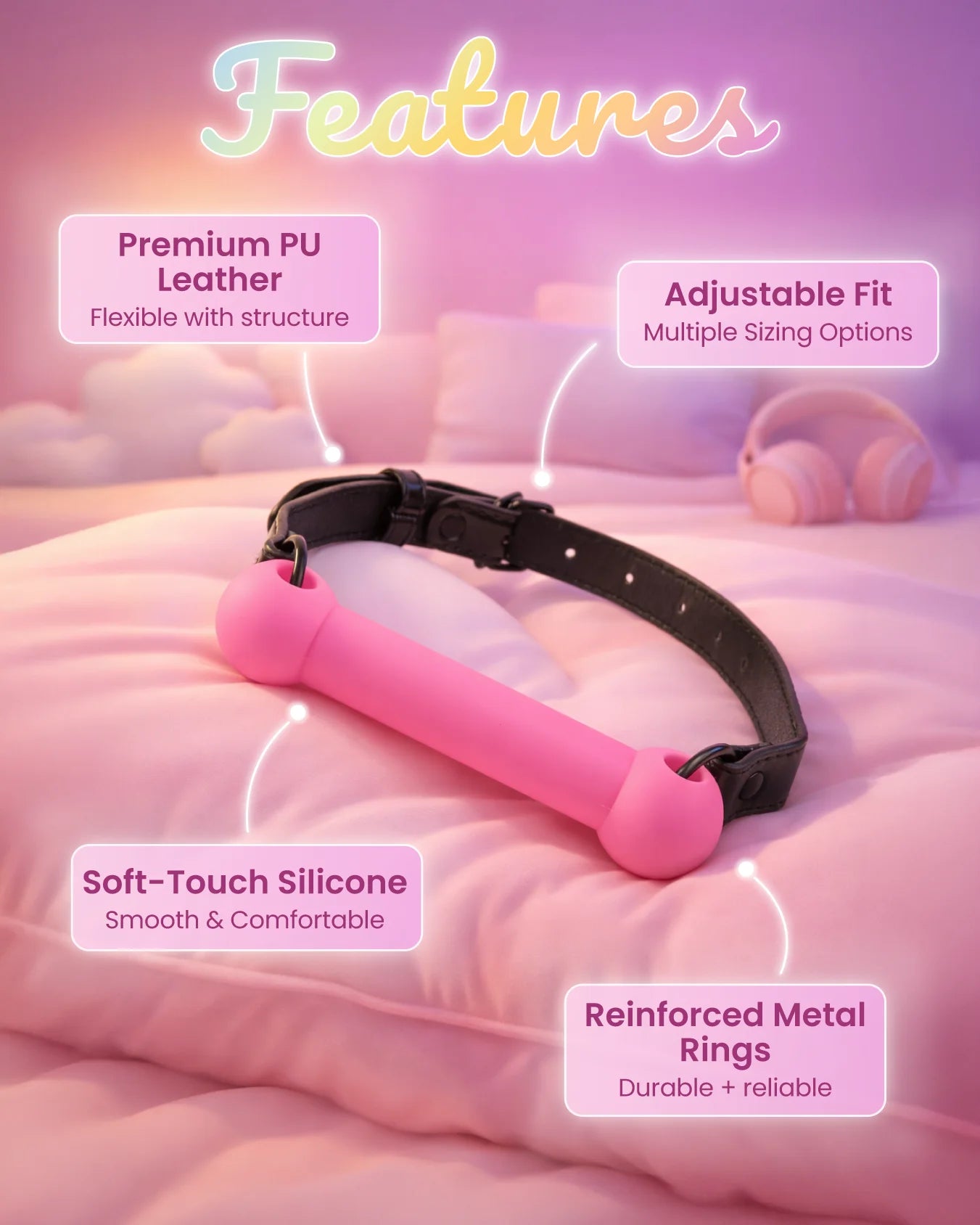 Pink silicone bit gag features including soft silicone mouthpiece, adjustable fit, and reinforced strap details