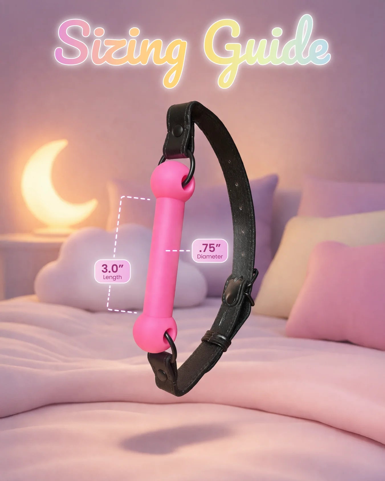 Pink silicone bit gag sizing guide showing dimensions and fit for comfortable and secure mouth restraint