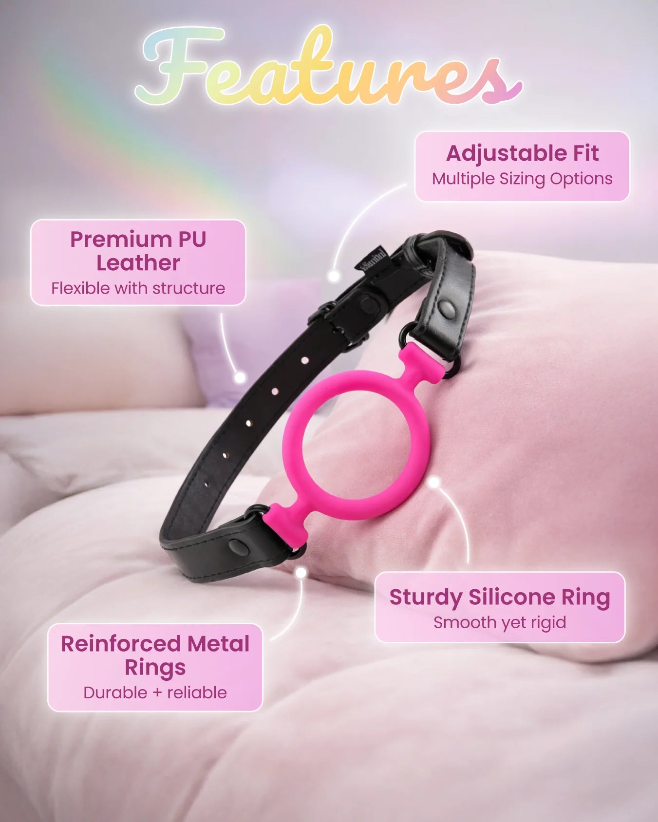 Pink silicone O-ring gag features including smooth silicone ring, adjustable fit, and durable PU leather strap
