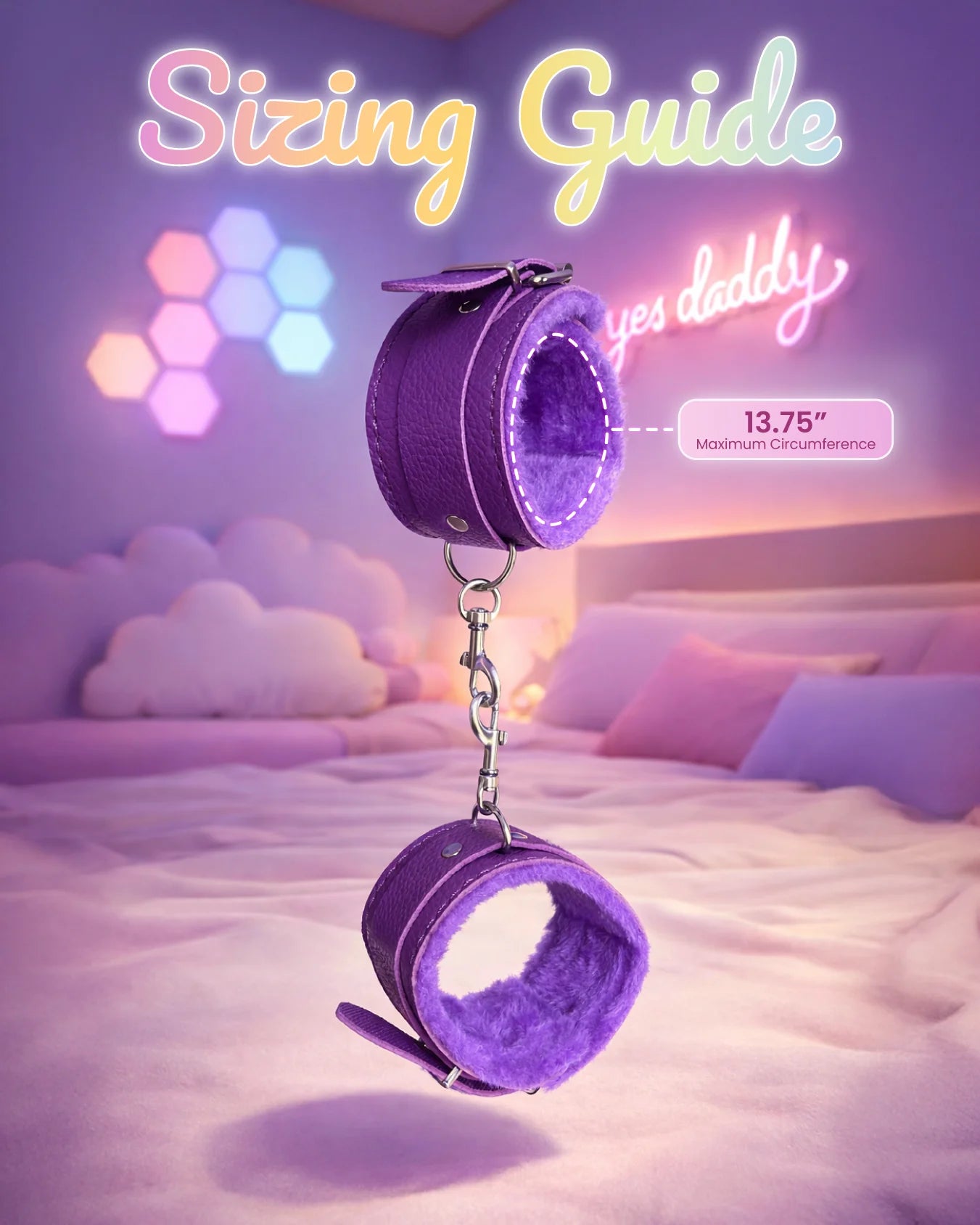 Purple fur-lined ankle restraints sizing guide showing adjustable fit and cuff dimensions for comfort and security