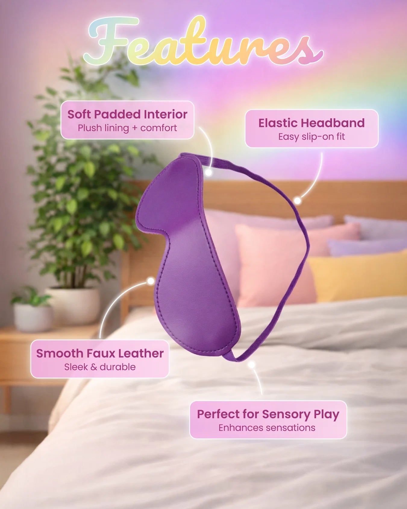 Empower Play™ purple BDSM blindfold features — padded interior, elastic headband, faux leather for sensory play