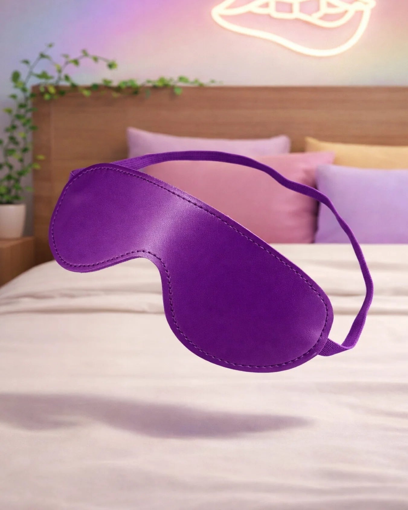 Empower Play™ purple faux leather BDSM blindfold for beginners — padded interior for comfortable sensory deprivation